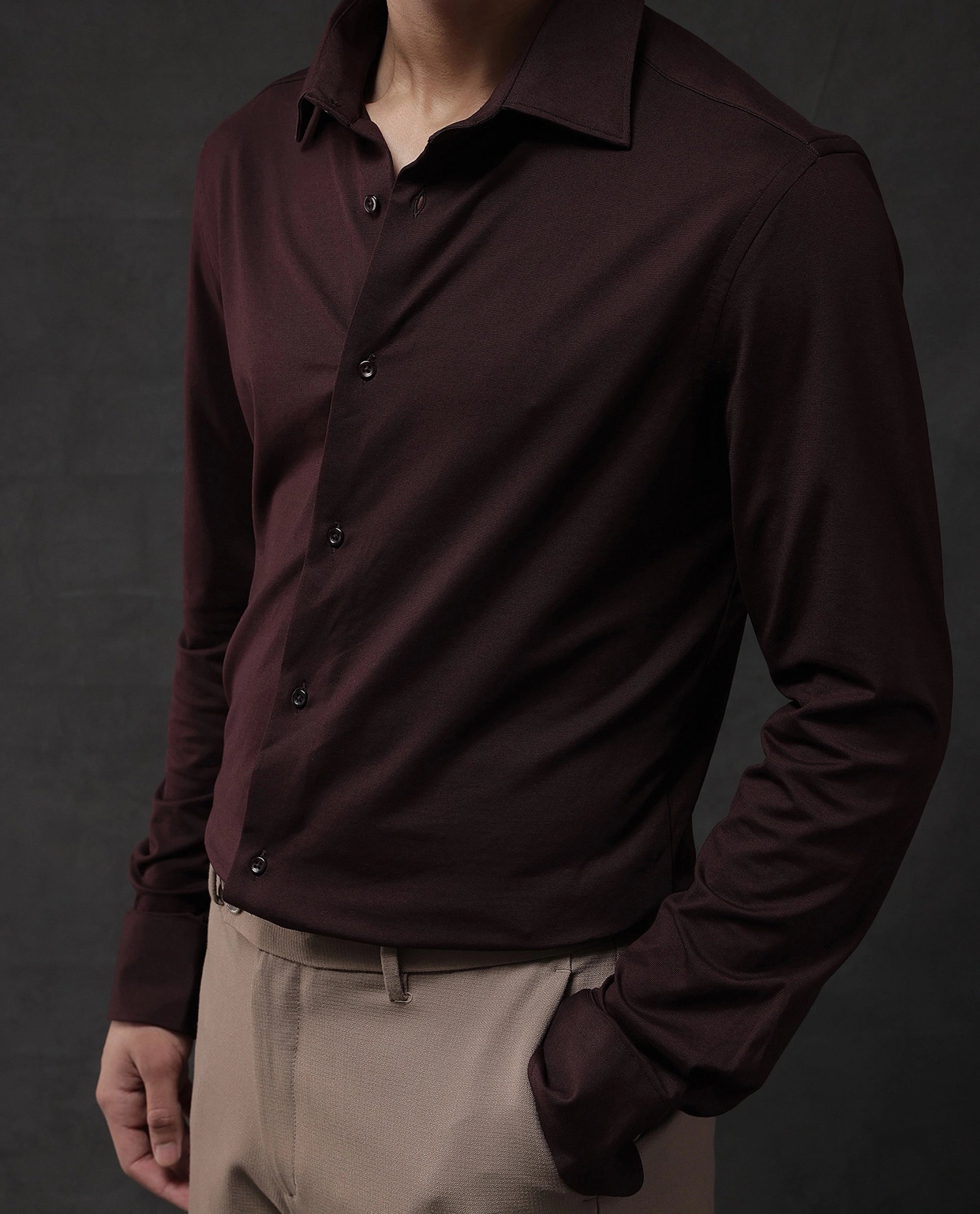 Rare Rabbit Men Dulce Dark Maroon Cotton Fabric Full Sleeve Regular Fit Solid Shirt