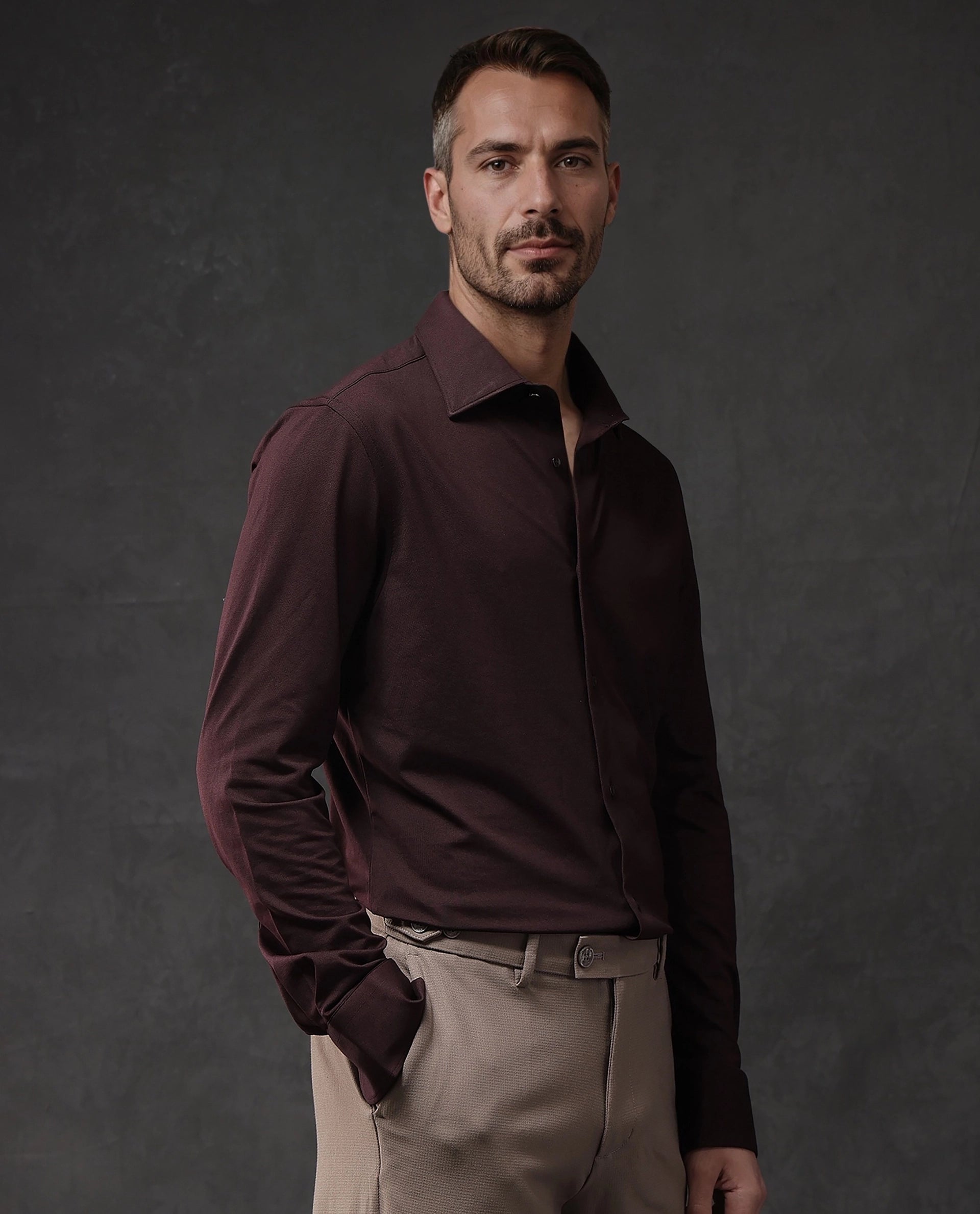 Rare Rabbit Men Dulce Dark Maroon Cotton Fabric Full Sleeve Regular Fit Solid Shirt