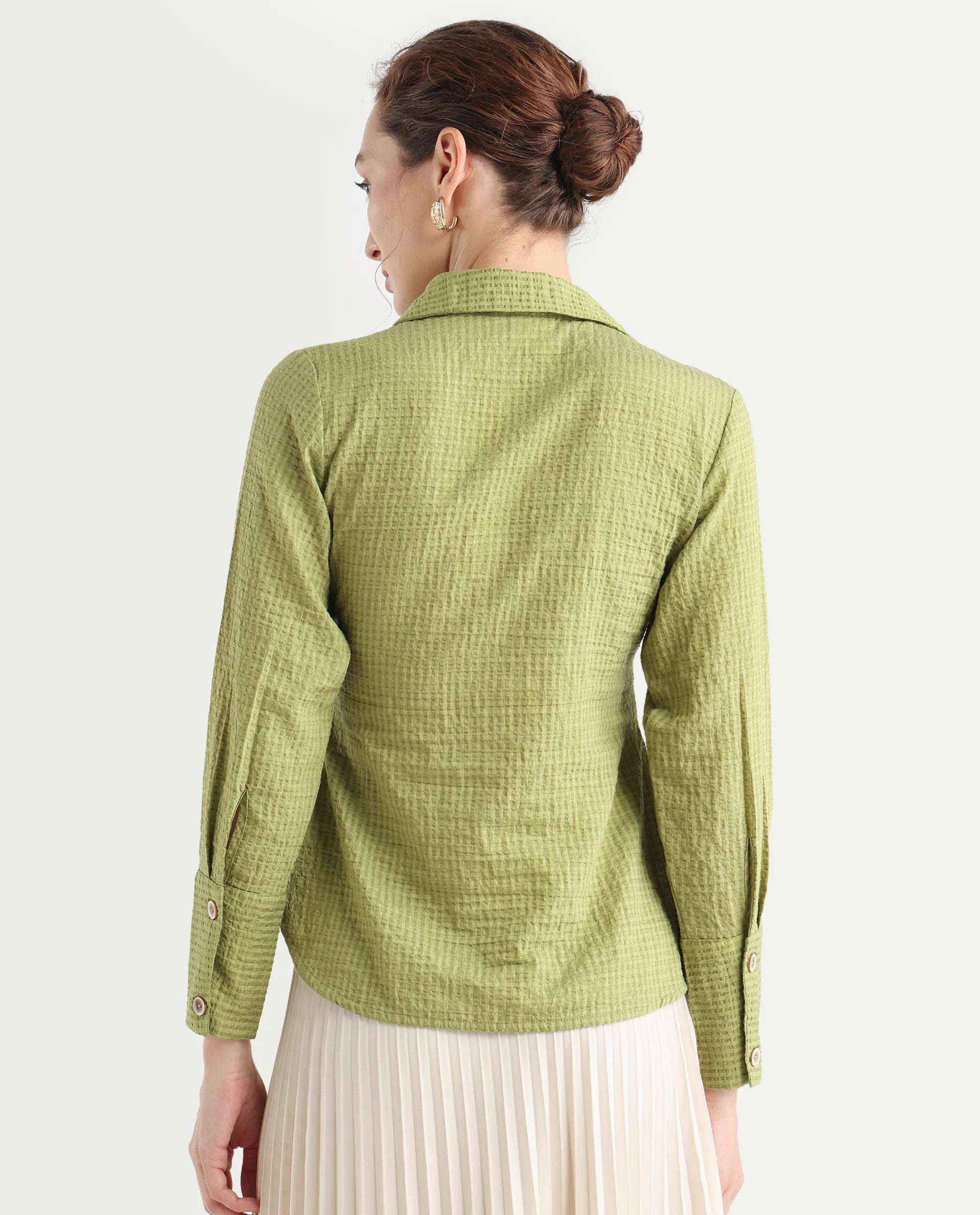 Rareism Women's Duna Olive Polyester Spread Collar Plain Cuffed Sleeve Regular Fit Top