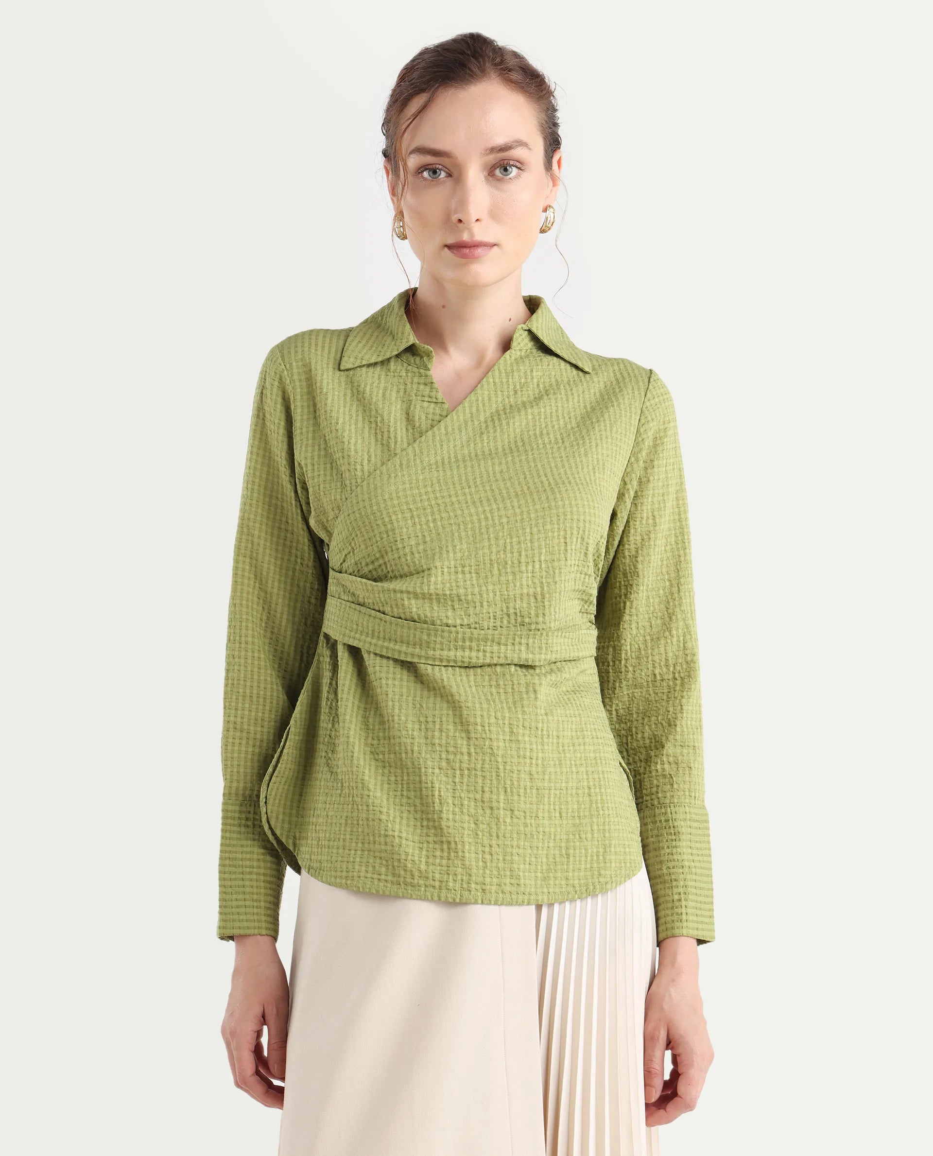 Rareism Women's Duna Olive Polyester Spread Collar Plain Cuffed Sleeve Regular Fit Top