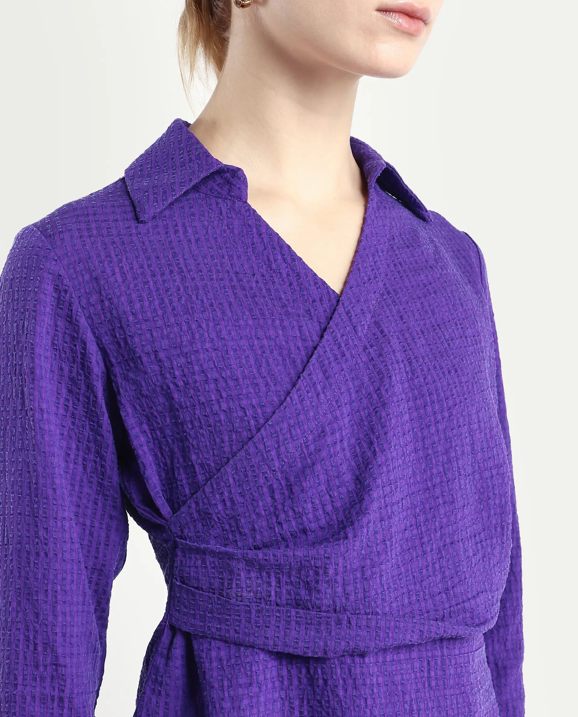 Rareism Women's Duna Purple Polyester Johnny Collar Plain Cuffed Sleeve Regular Fit Top