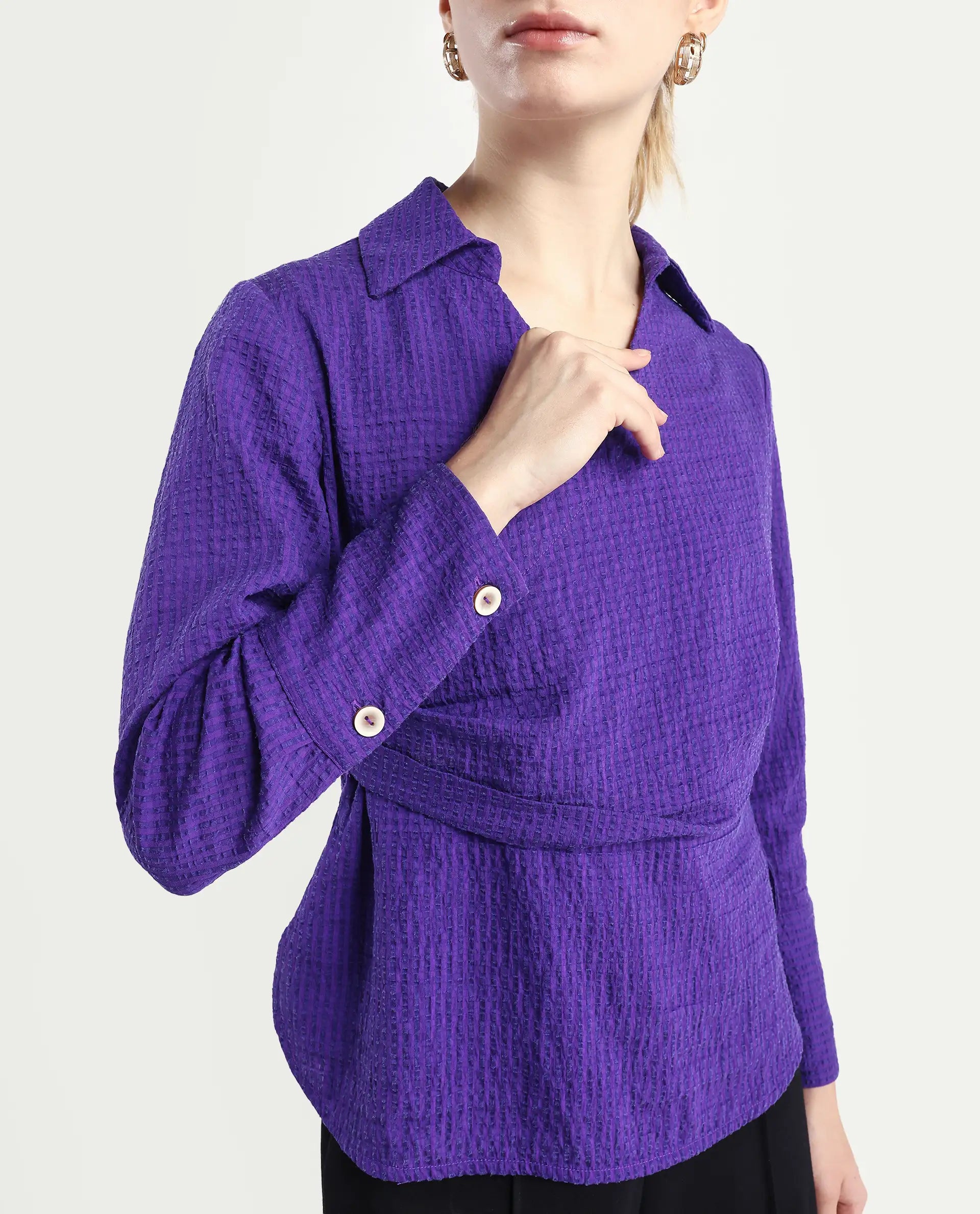 Rareism Women's Duna Purple Polyester Johnny Collar Plain Cuffed Sleeve Regular Fit Top