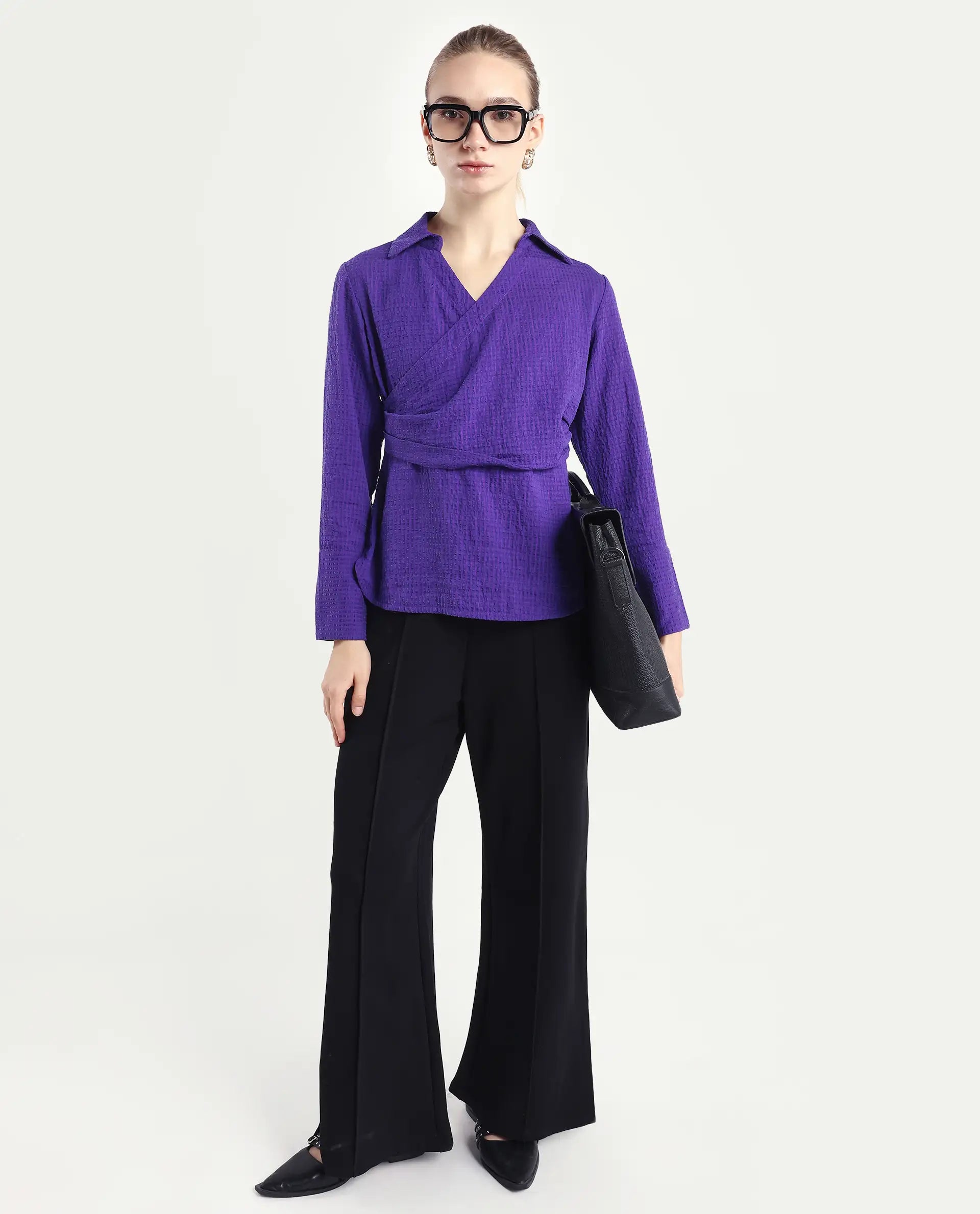 Rareism Women's Duna Purple Polyester Johnny Collar Plain Cuffed Sleeve Regular Fit Top