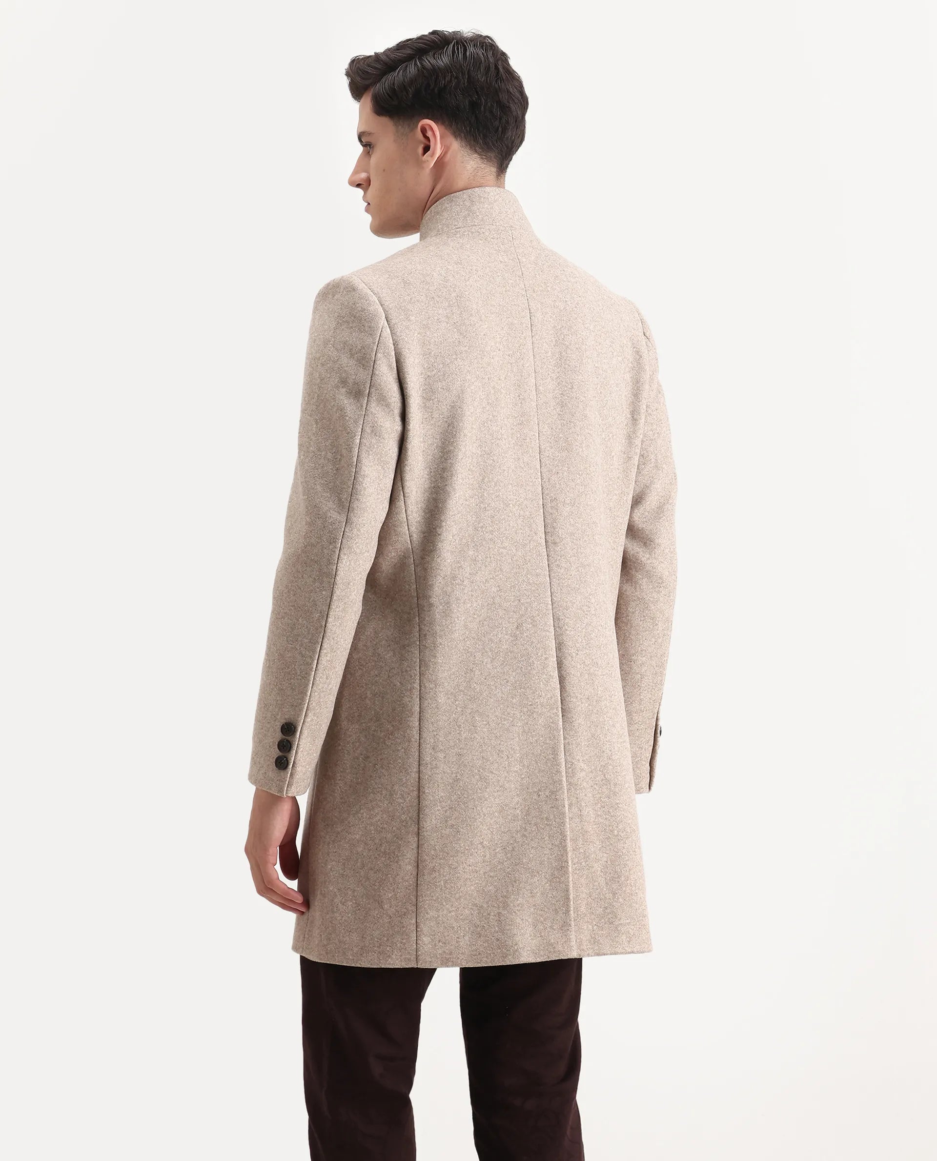 Rare Rabbit Men's Dune-25 Dark Beige Polyester Blend Fabric High Neck Relaxed Plain Coat