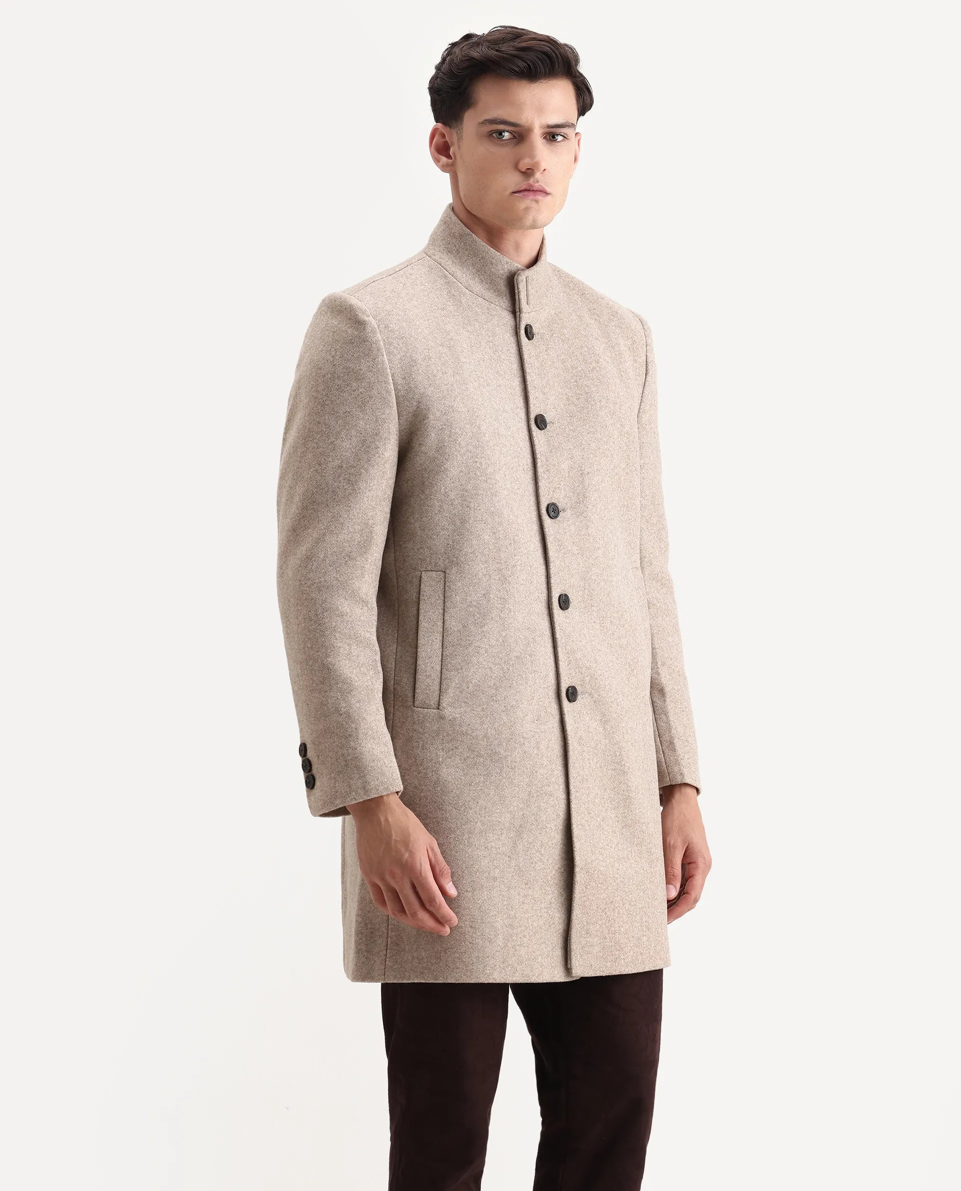 Rare Rabbit Men's Dune-25 Dark Beige Polyester Blend Fabric High Neck Relaxed Plain Coat