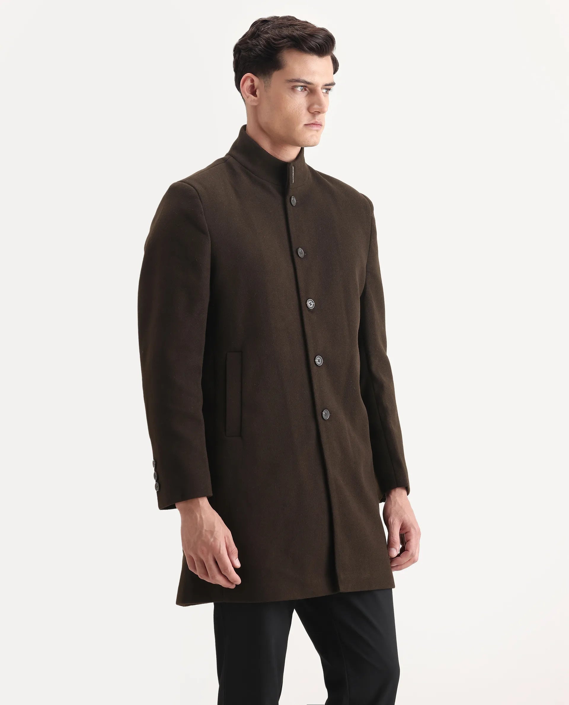 Rare Rabbit Men's Dune-25 Olive Polyester Blend Fabric High Neck Relaxed Plain Coat
