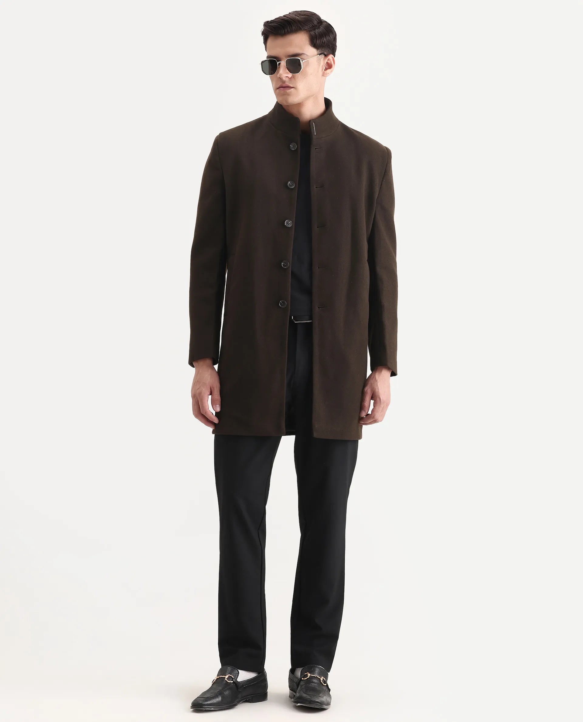 Rare Rabbit Men's Dune-25 Olive Polyester Blend Fabric High Neck Relaxed Plain Coat