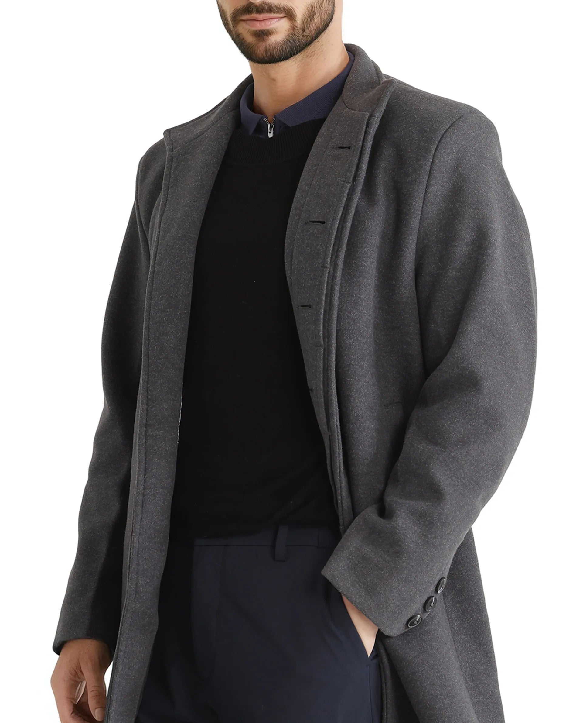 Rare Rabbit Men Dune-2 Grey Polyester Rayon Fabric Full Sleeve High Neck Button Closure Textured Long Coat