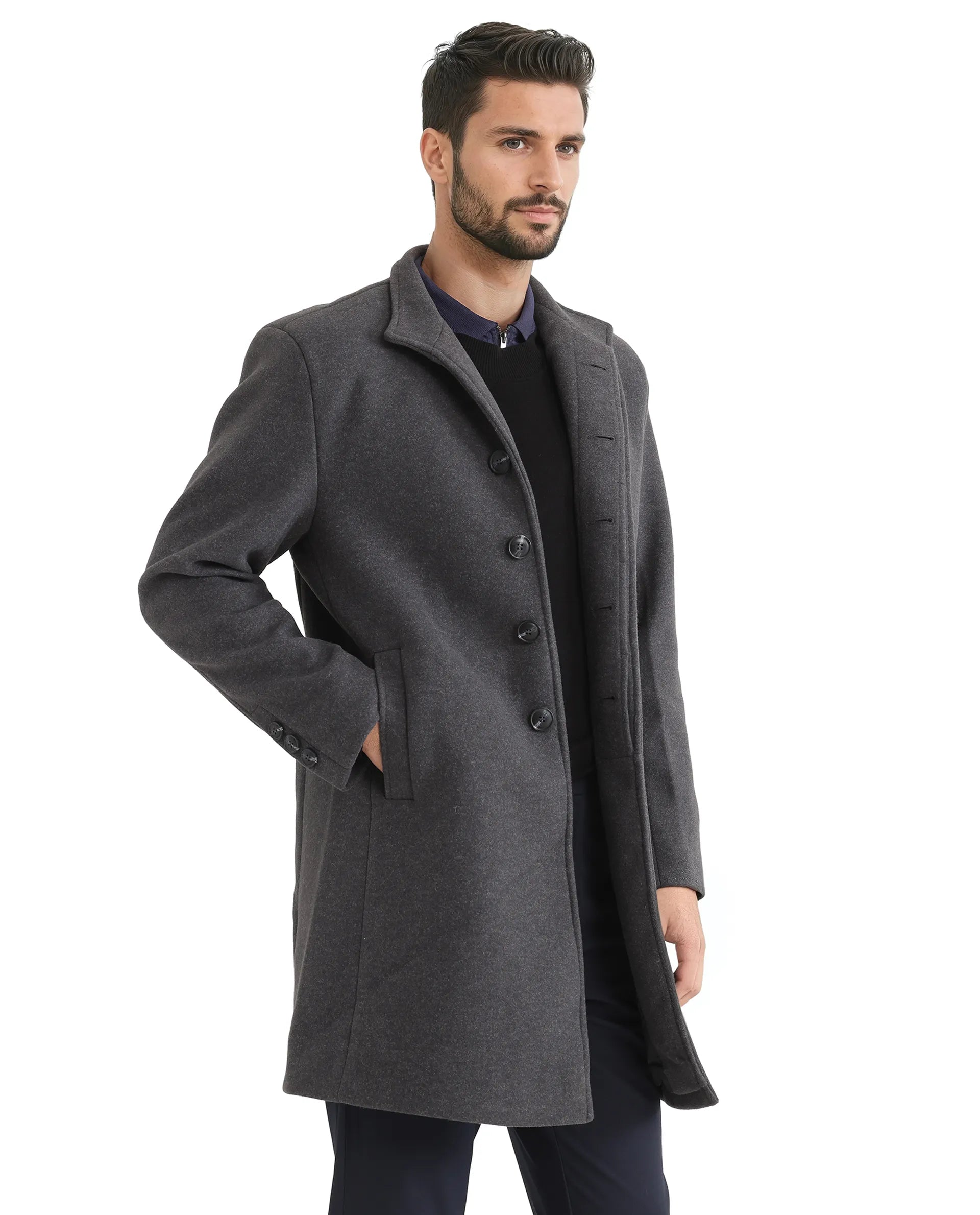Rare Rabbit Men Dune-2 Grey Polyester Rayon Fabric Full Sleeve High Neck Button Closure Textured Long Coat