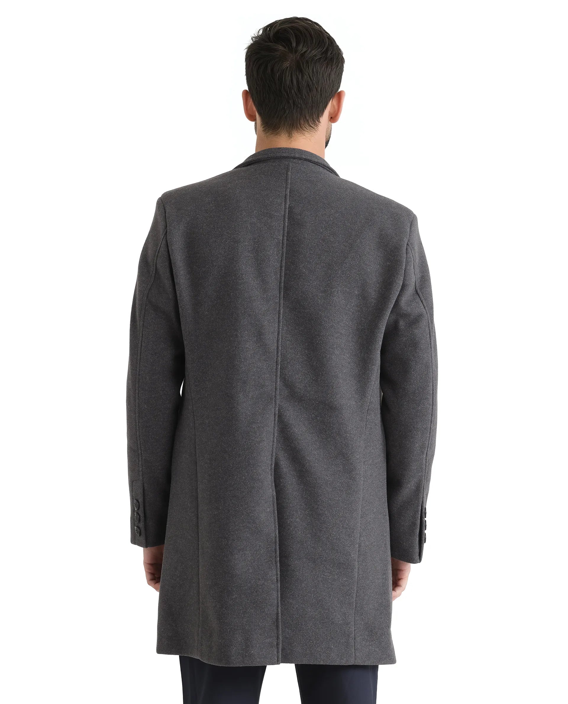 Rare Rabbit Men Dune-2 Grey Polyester Rayon Fabric Full Sleeve High Neck Button Closure Textured Long Coat