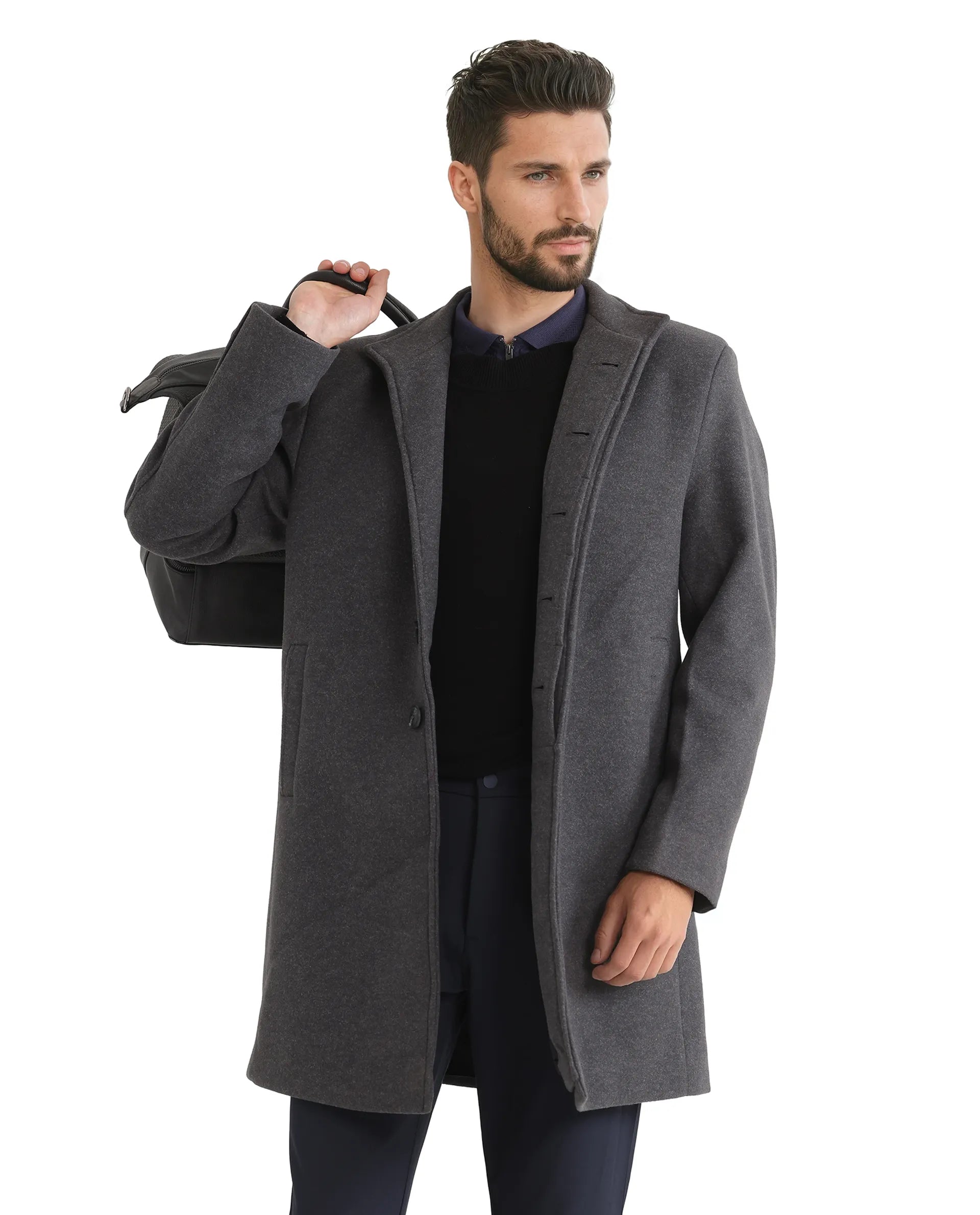 Rare Rabbit Men Dune-2 Grey Polyester Rayon Fabric Full Sleeve High Neck Button Closure Textured Long Coat