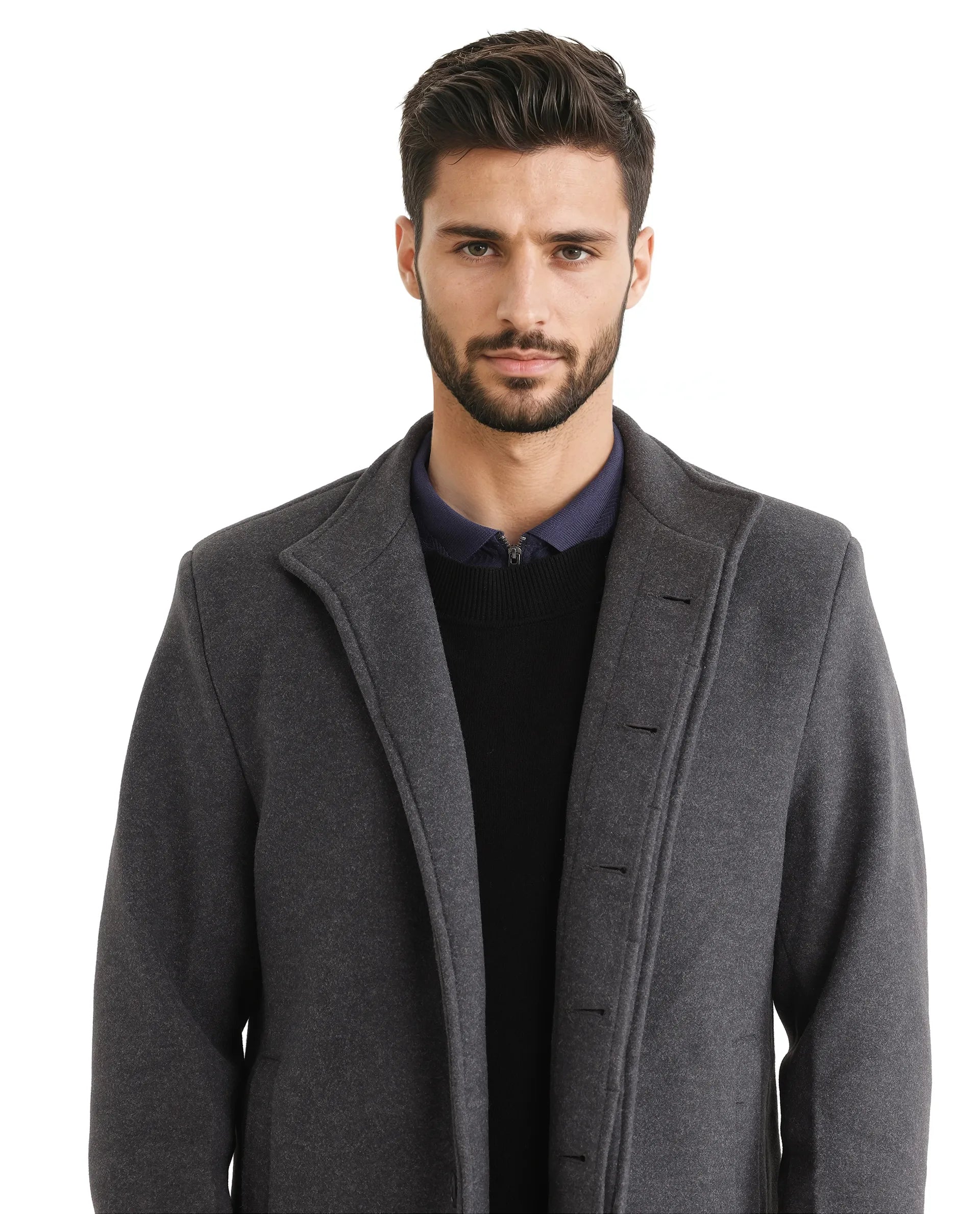Rare Rabbit Men Dune-2 Grey Polyester Rayon Fabric Full Sleeve High Neck Button Closure Textured Long Coat