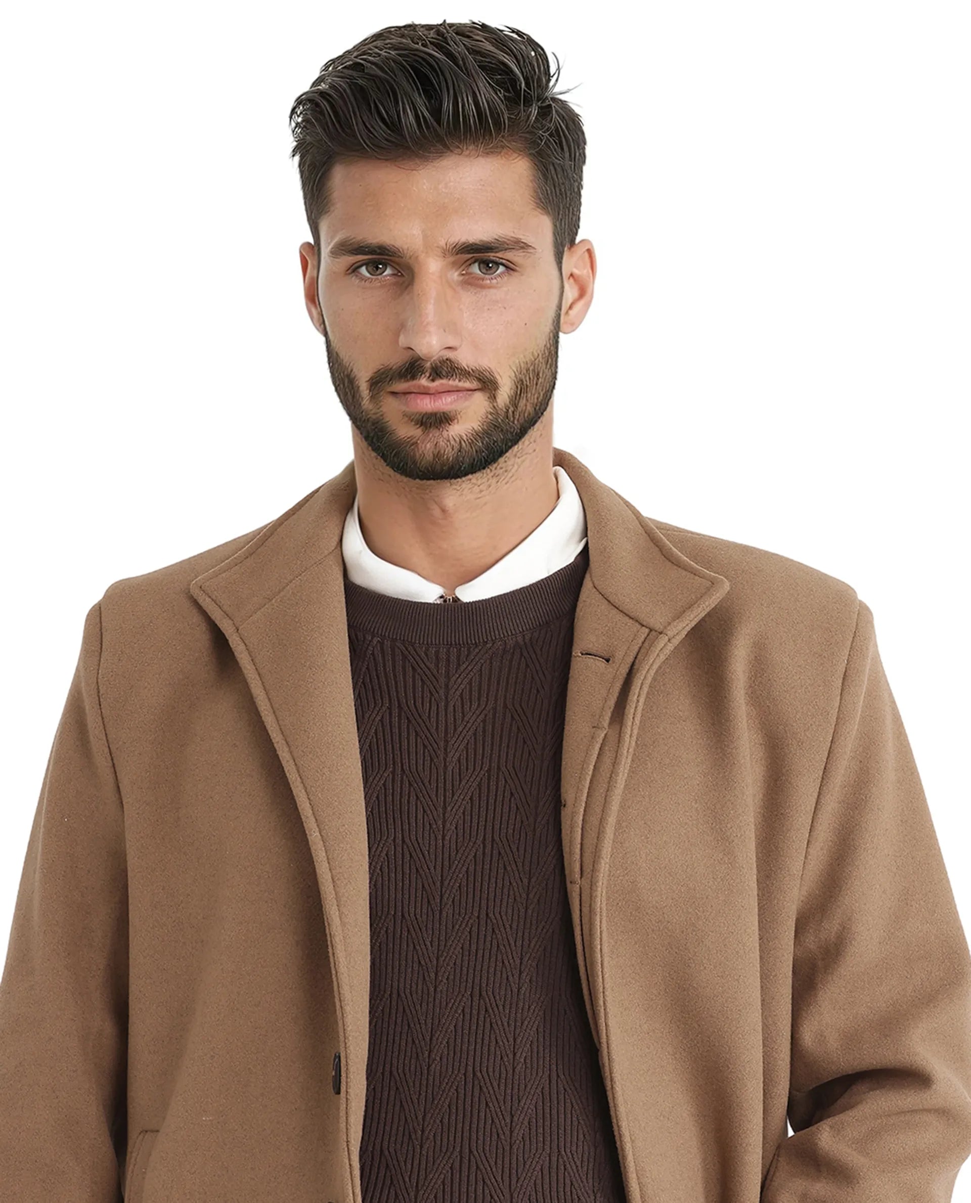 Rare Rabbit Men Dune-2 Mustard Polyester Rayon Fabric Full Sleeve Round Neck Button Closure Textured Long Coat