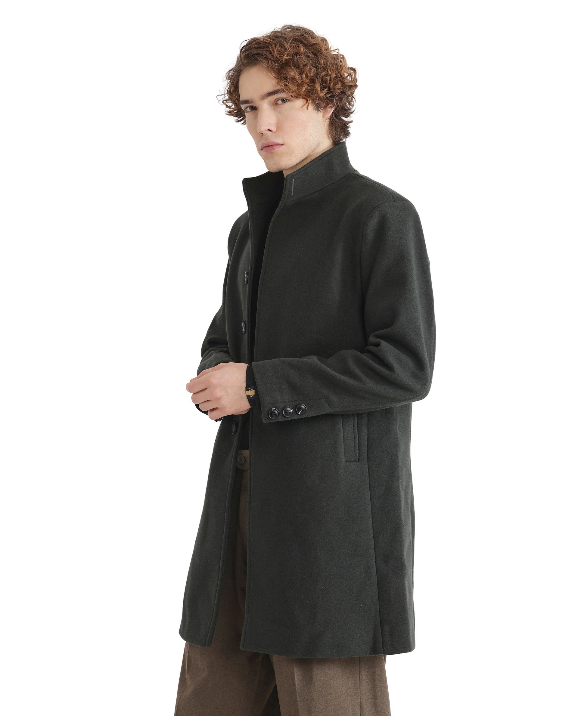 Rare Rabbit Men Dune-2 Olive Polyester Rayon Fabric Full Sleeve Round Neck Button Closure Textured Long Coat
