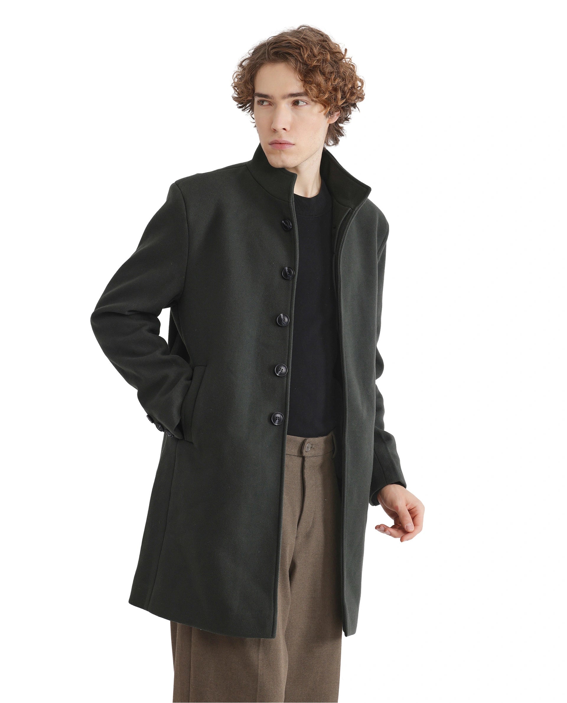 Rare Rabbit Men Dune-2 Olive Polyester Rayon Fabric Full Sleeve Round Neck Button Closure Textured Long Coat