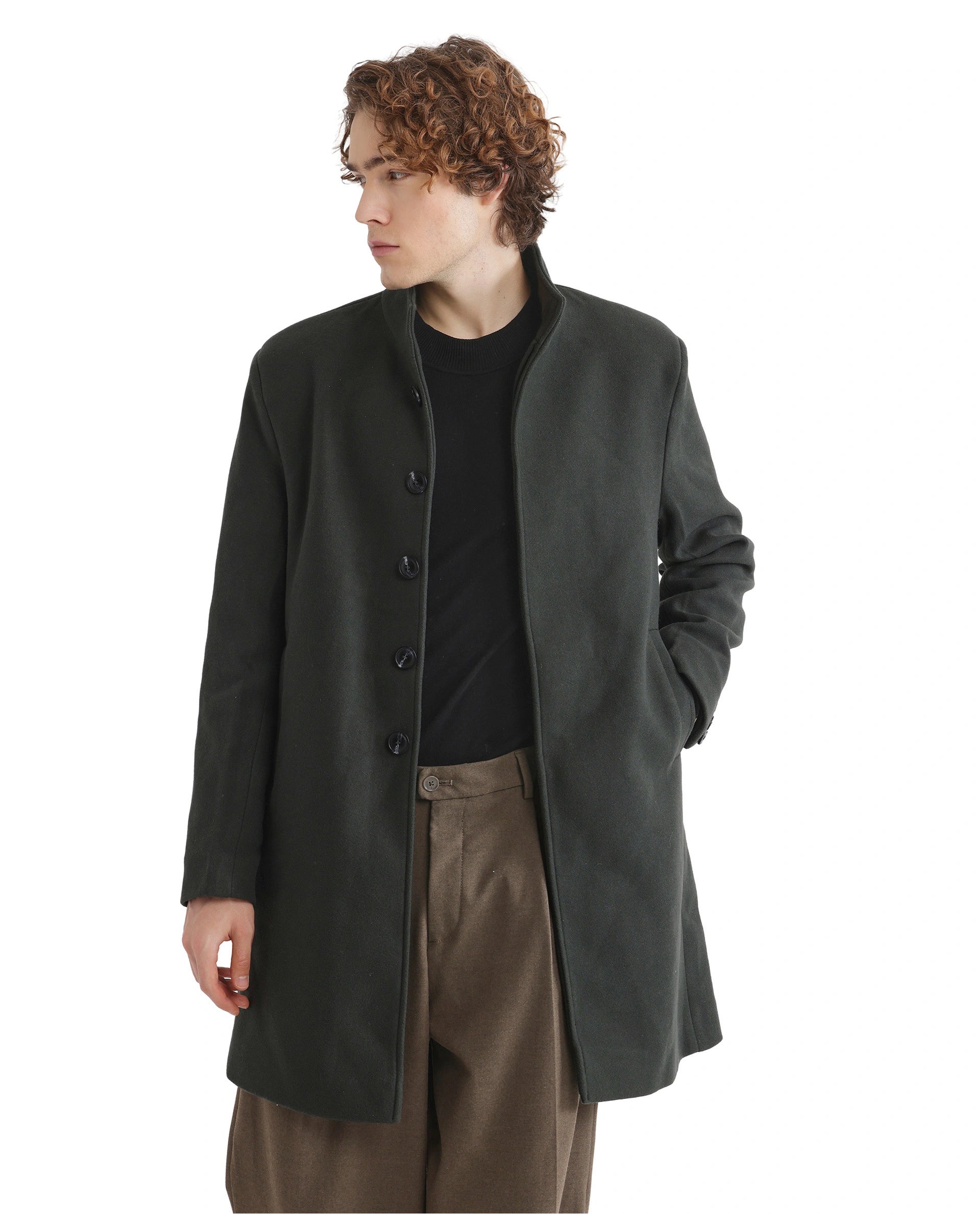 Rare Rabbit Men Dune-2 Olive Polyester Rayon Fabric Full Sleeve Round Neck Button Closure Textured Long Coat