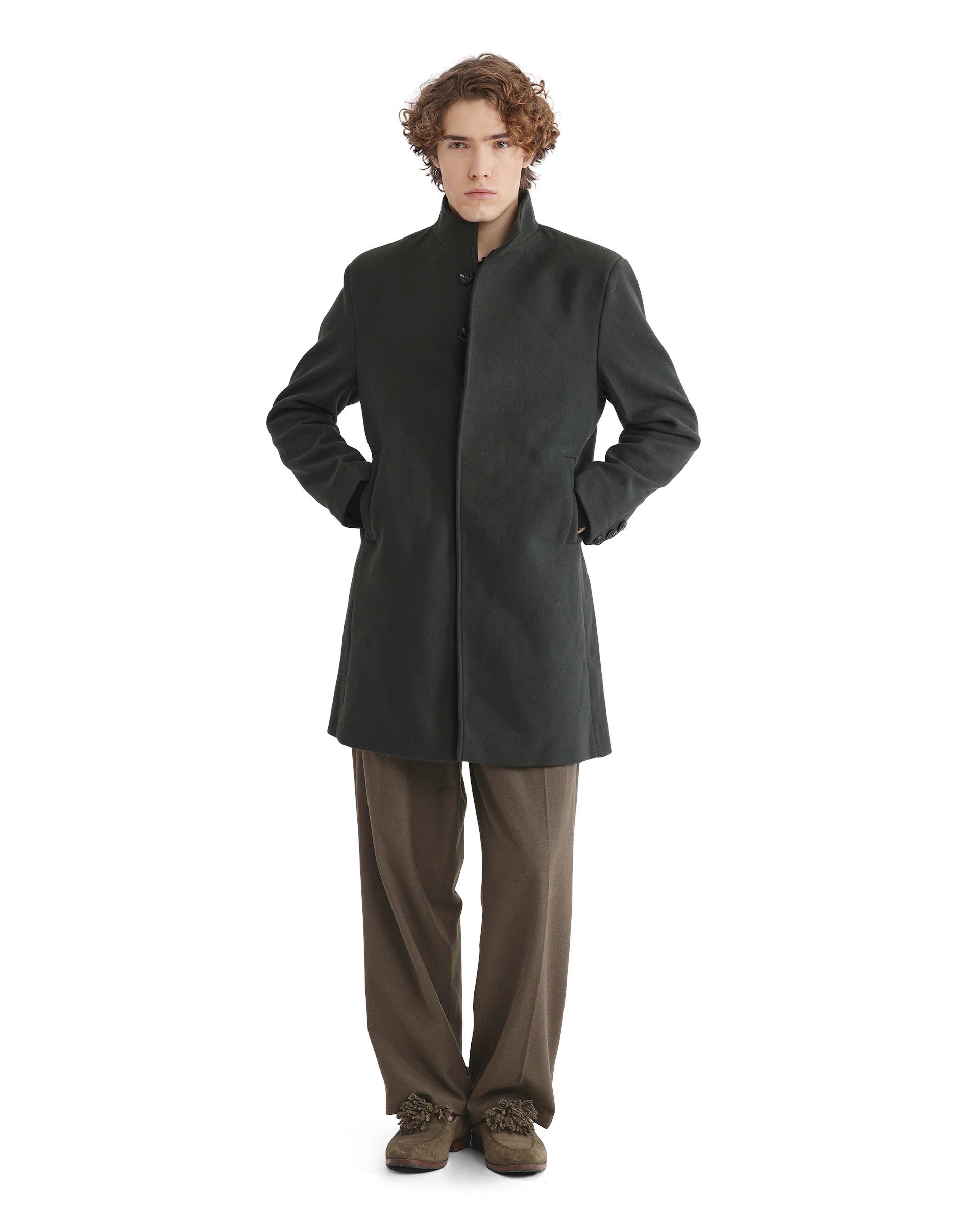 Rare Rabbit Men Dune-2 Olive Polyester Rayon Fabric Full Sleeve Round Neck Button Closure Textured Long Coat