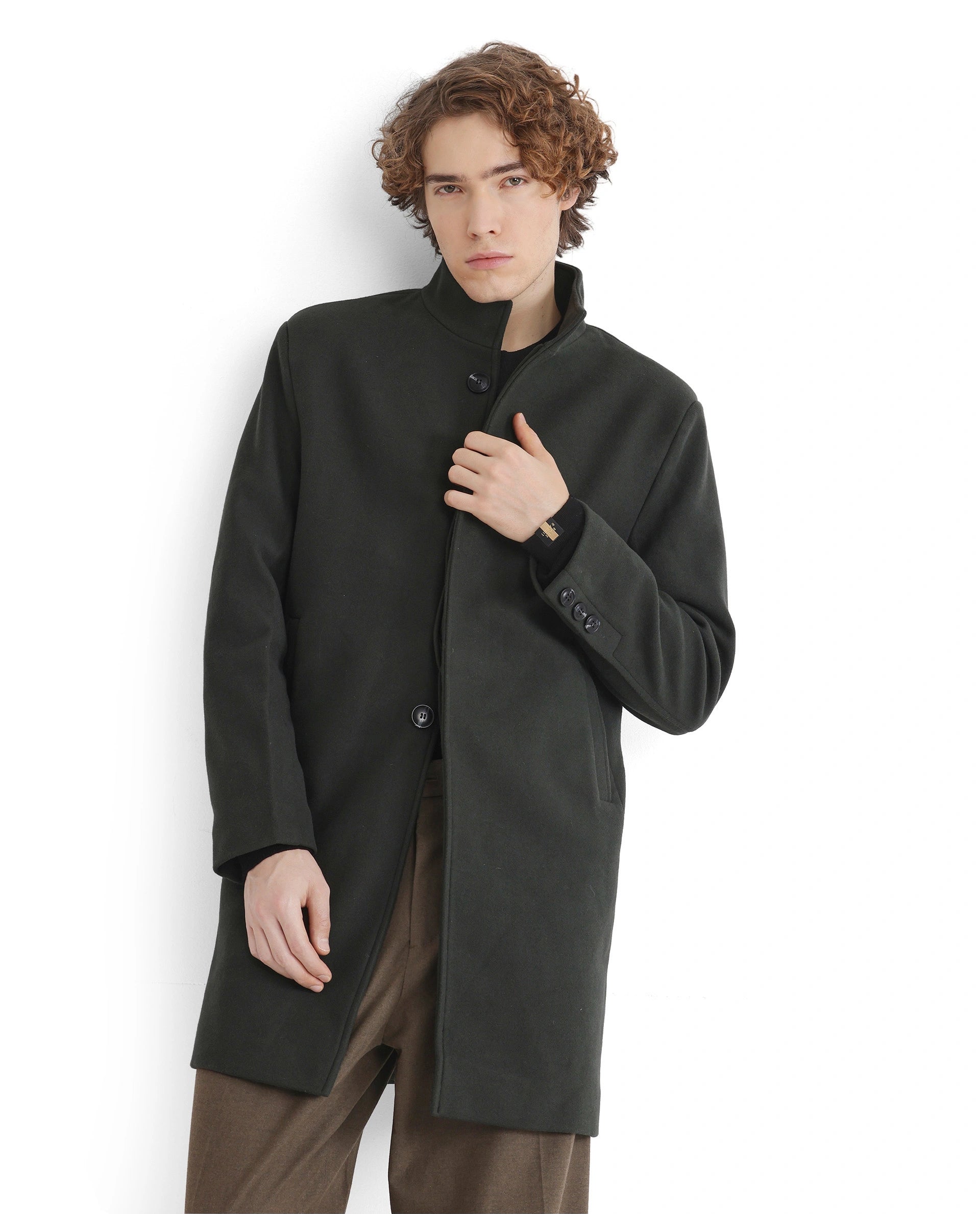 Rare Rabbit Men Dune-2 Olive Polyester Rayon Fabric Full Sleeve Round Neck Button Closure Textured Long Coat