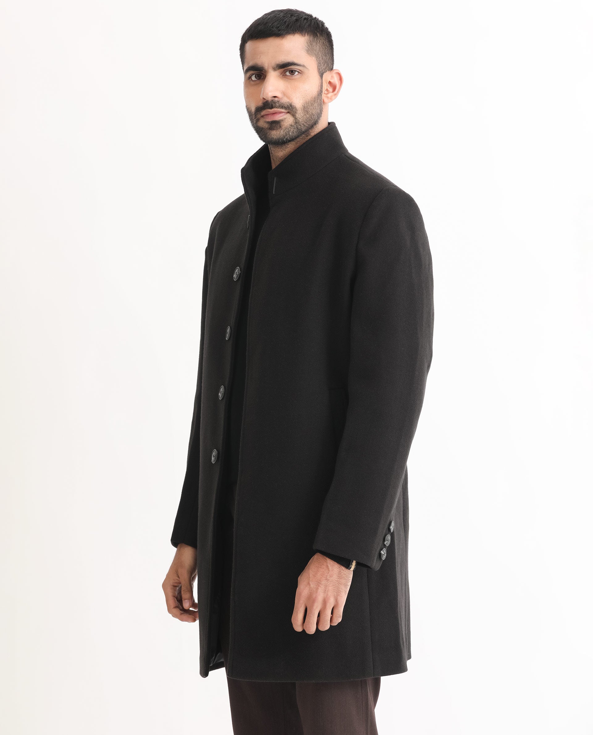 Rare Rabbit Men's Dune Black Textured High Neck Long Coat