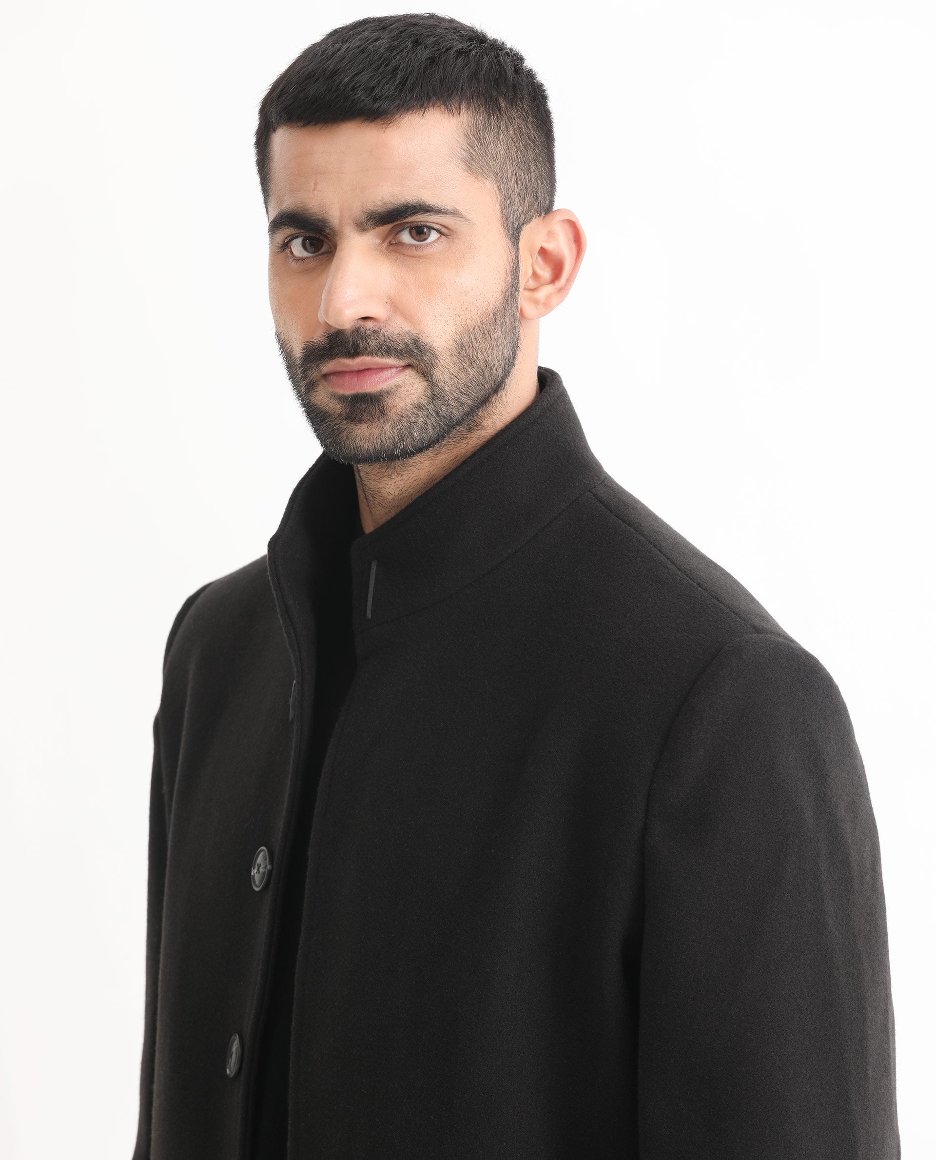 Rare Rabbit Men's Dune Black Textured High Neck Long Coat