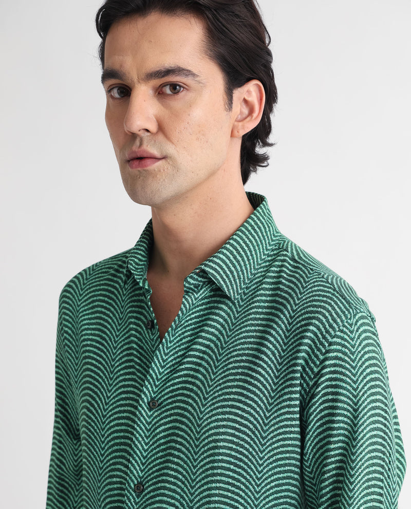 Rare Rabbit Men's Dunk Green Viscose Fabric Geometric Print Full Sleeves Shirt