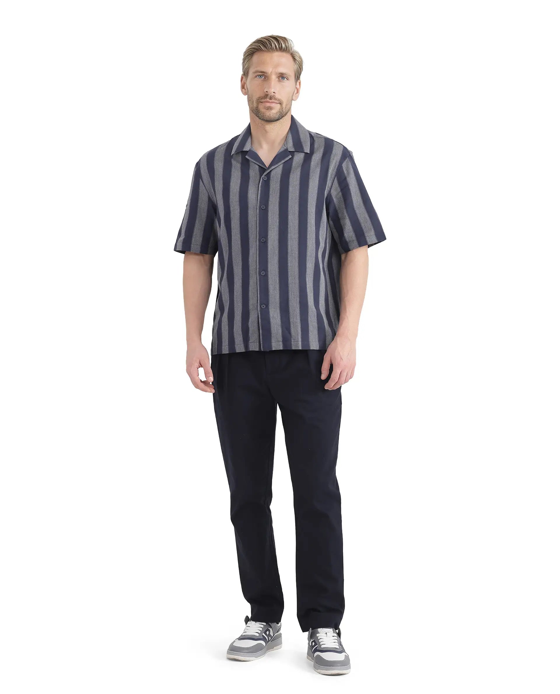 Rare Rabbit Men's Dushan Navy Cotton Fabric Short Sleeve Cuban Collared Boxy Fit Striped Shirt