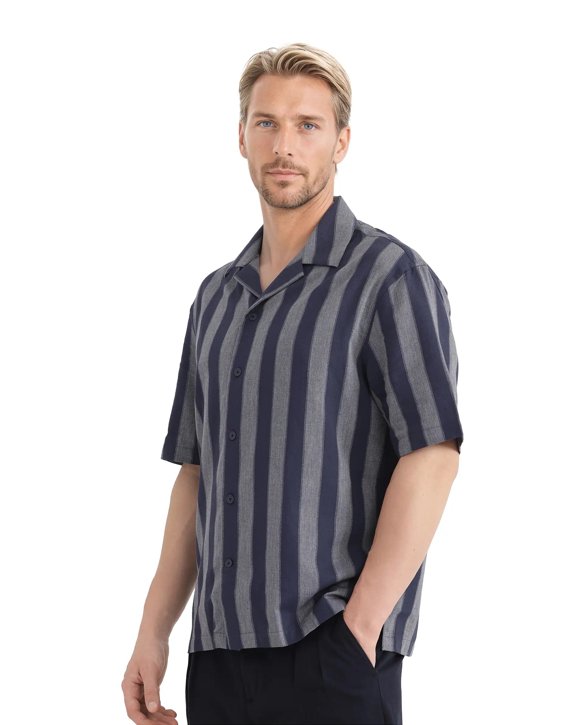 Rare Rabbit Men's Dushan Navy Cotton Fabric Short Sleeve Cuban Collared Boxy Fit Striped Shirt