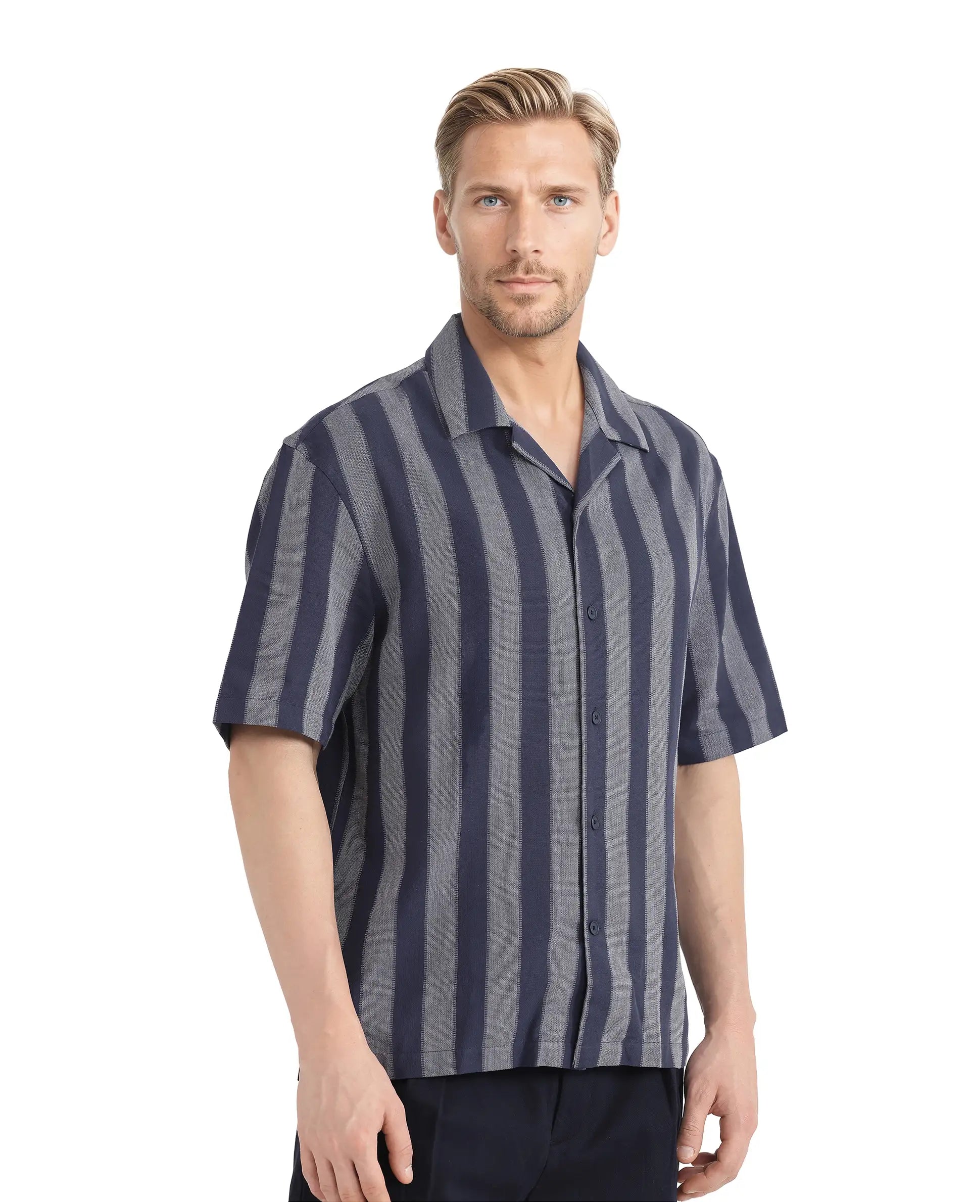 Rare Rabbit Men's Dushan Navy Cotton Fabric Short Sleeve Cuban Collared Boxy Fit Striped Shirt