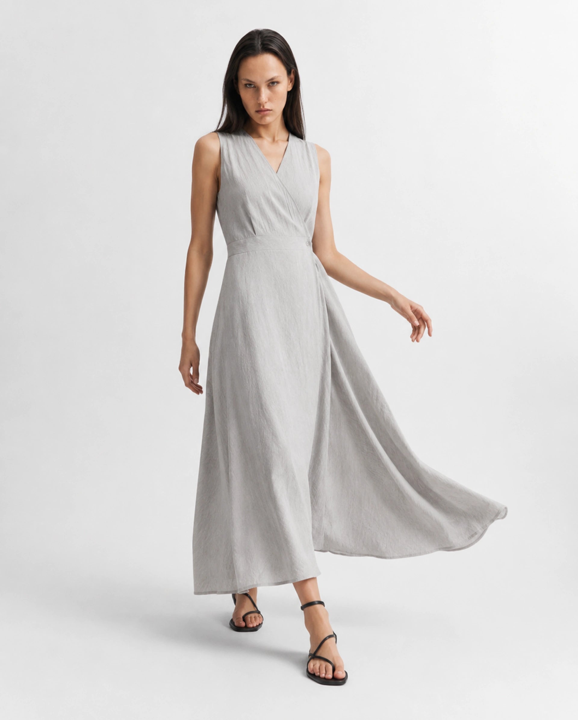 Rareism Women's Dusic Grey Viscose Blend Over Lap Button Fit And Flare Plain Dress