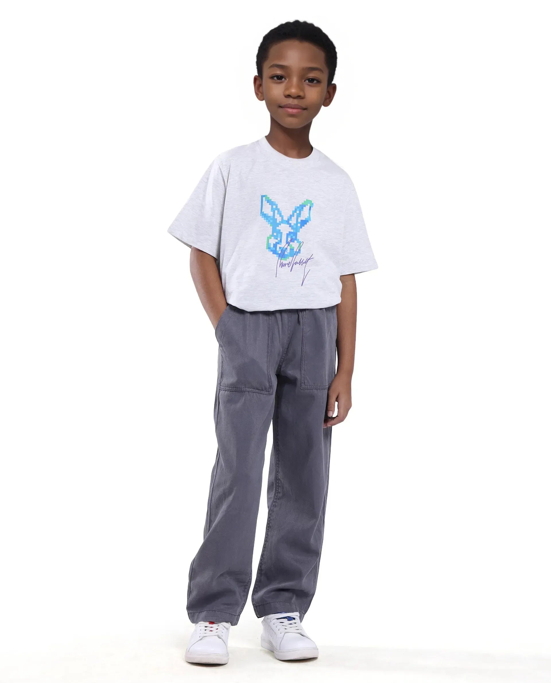 Rare Ones Kids Dusk Grey Cotton Blend Plain Drawstring Regular Fit Trouser