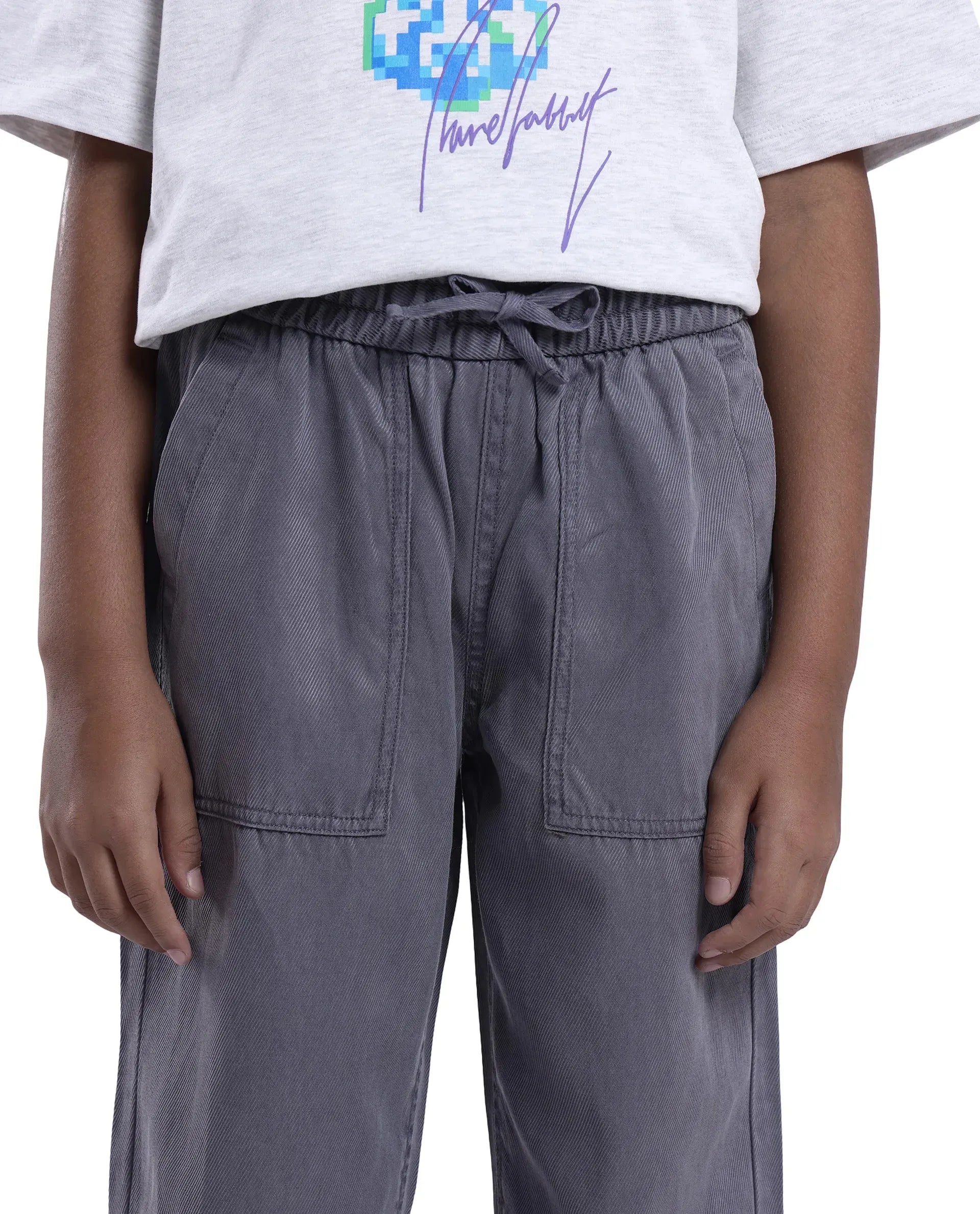 Rare Ones Kids Dusk Grey Cotton Blend Plain Drawstring Regular Fit Trouser
