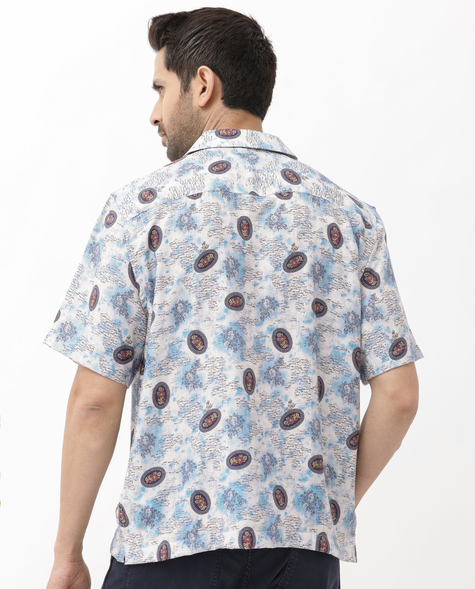Rare Rabbit Mens Duskon Blue Short Sleeve Boxy Fit Abstract Print Shirt