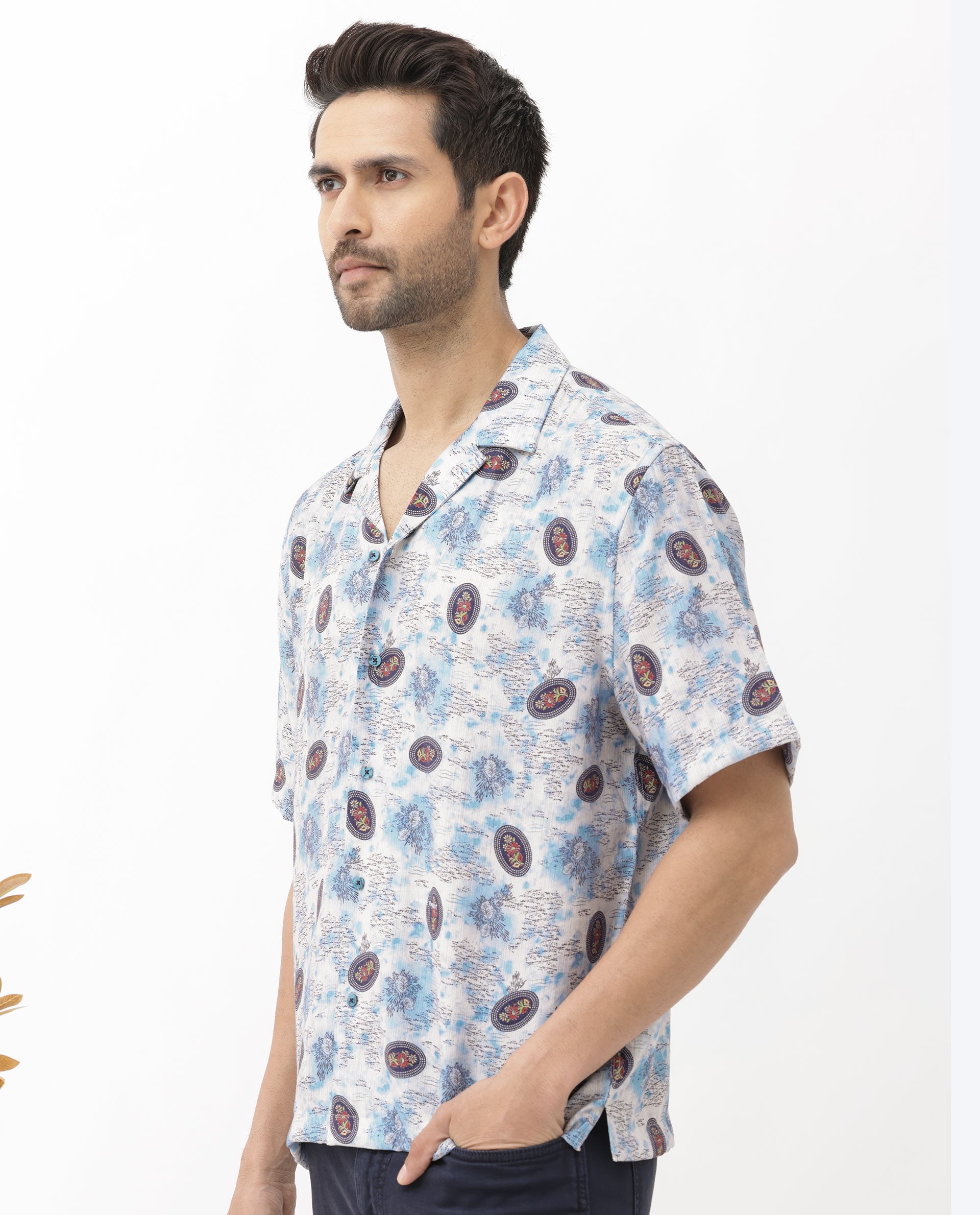 Rare Rabbit Mens Duskon Blue Short Sleeve Boxy Fit Abstract Print Shirt