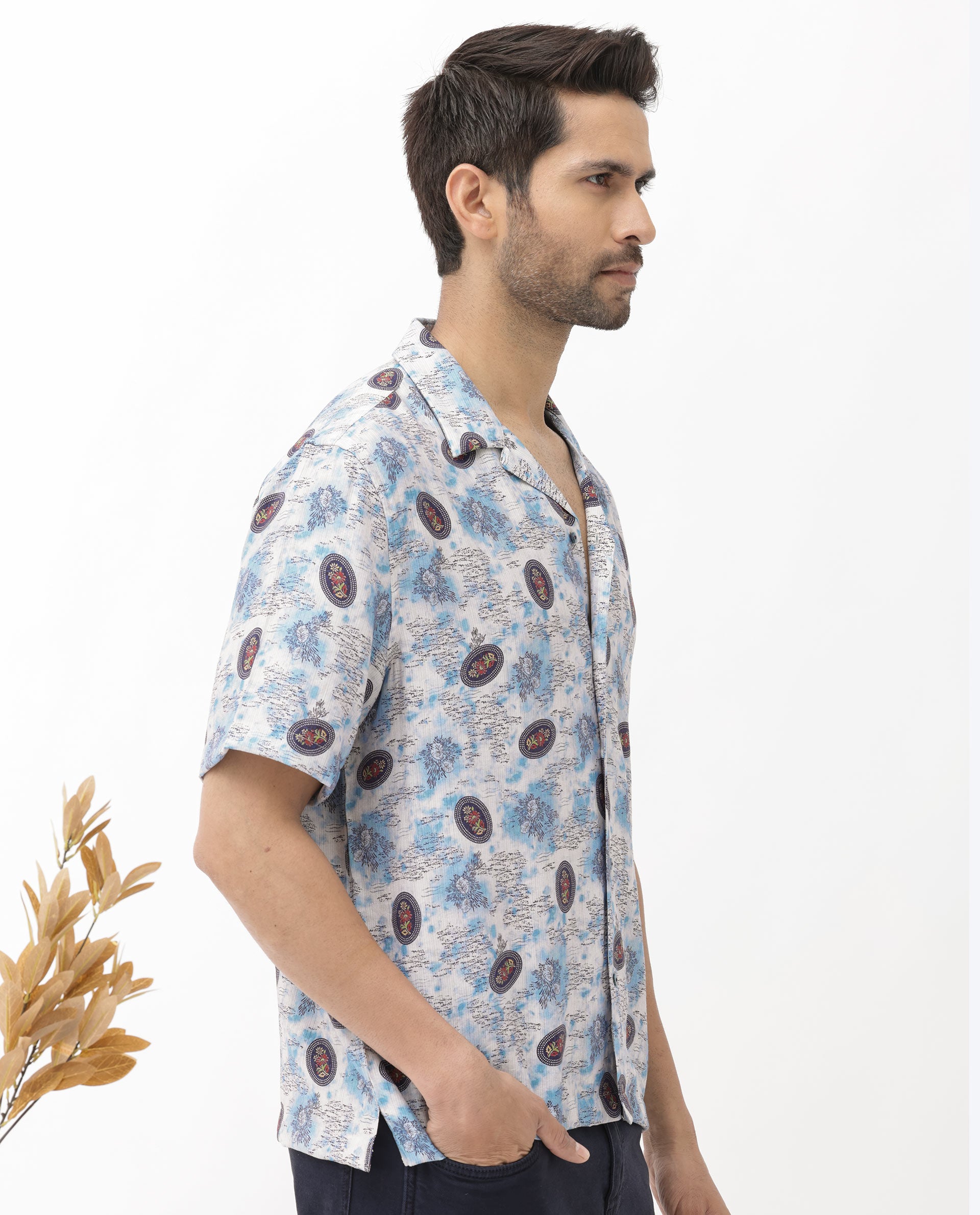 Rare Rabbit Mens Duskon Blue Short Sleeve Boxy Fit Abstract Print Shirt
