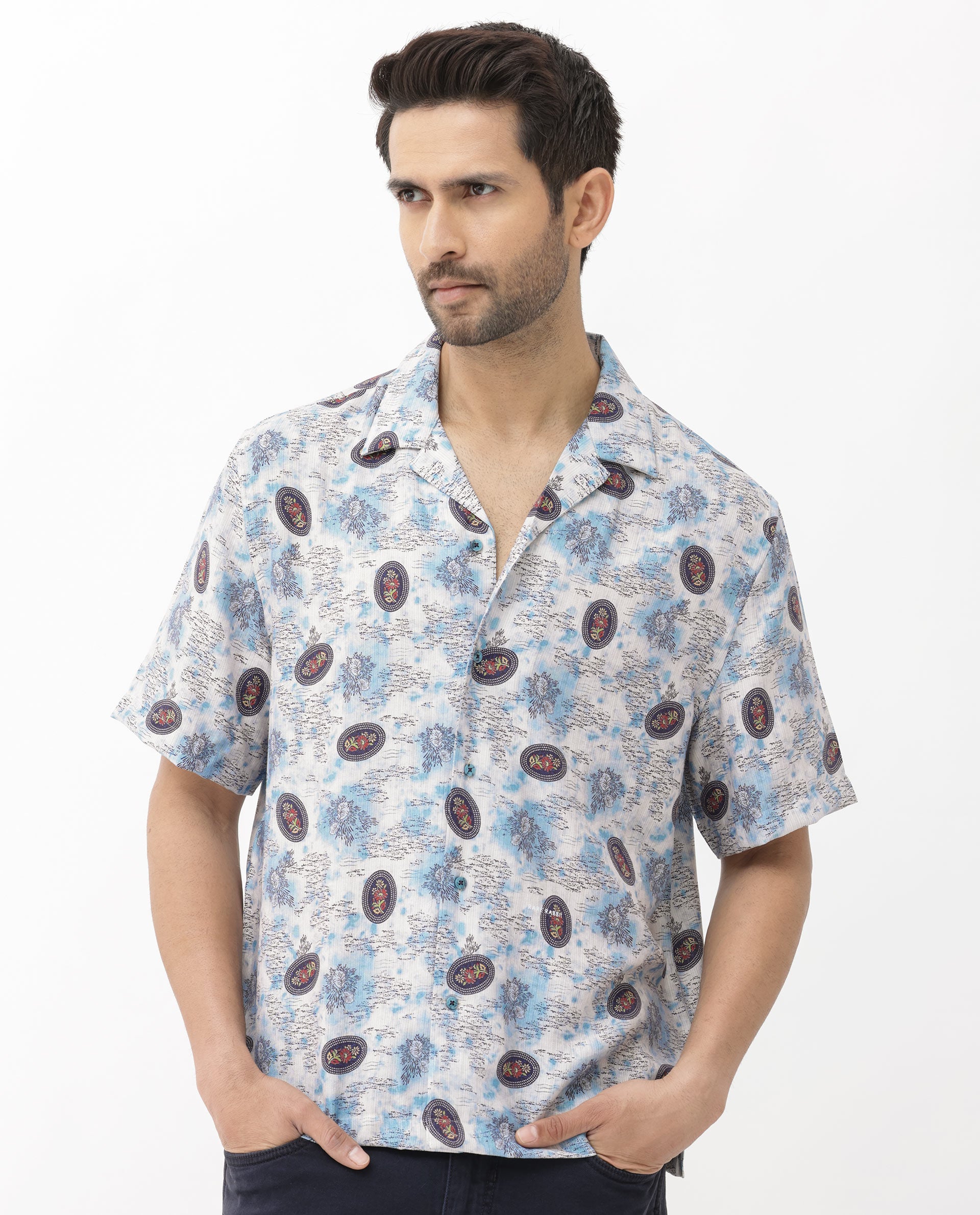 Rare Rabbit Mens Duskon Blue Short Sleeve Boxy Fit Abstract Print Shirt