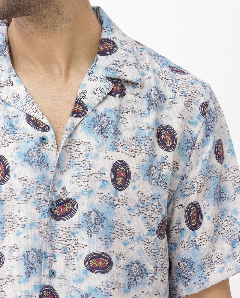 Rare Rabbit Mens Duskon Blue Short Sleeve Boxy Fit Abstract Print Shirt