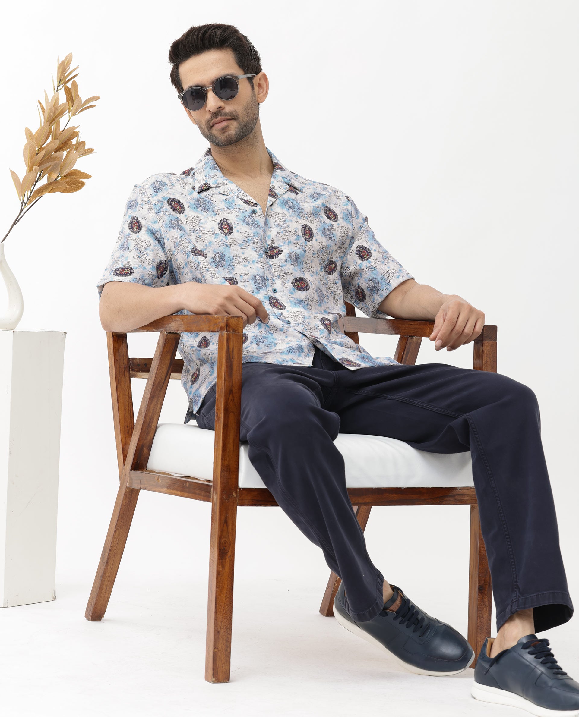 Rare Rabbit Mens Duskon Blue Short Sleeve Boxy Fit Abstract Print Shirt