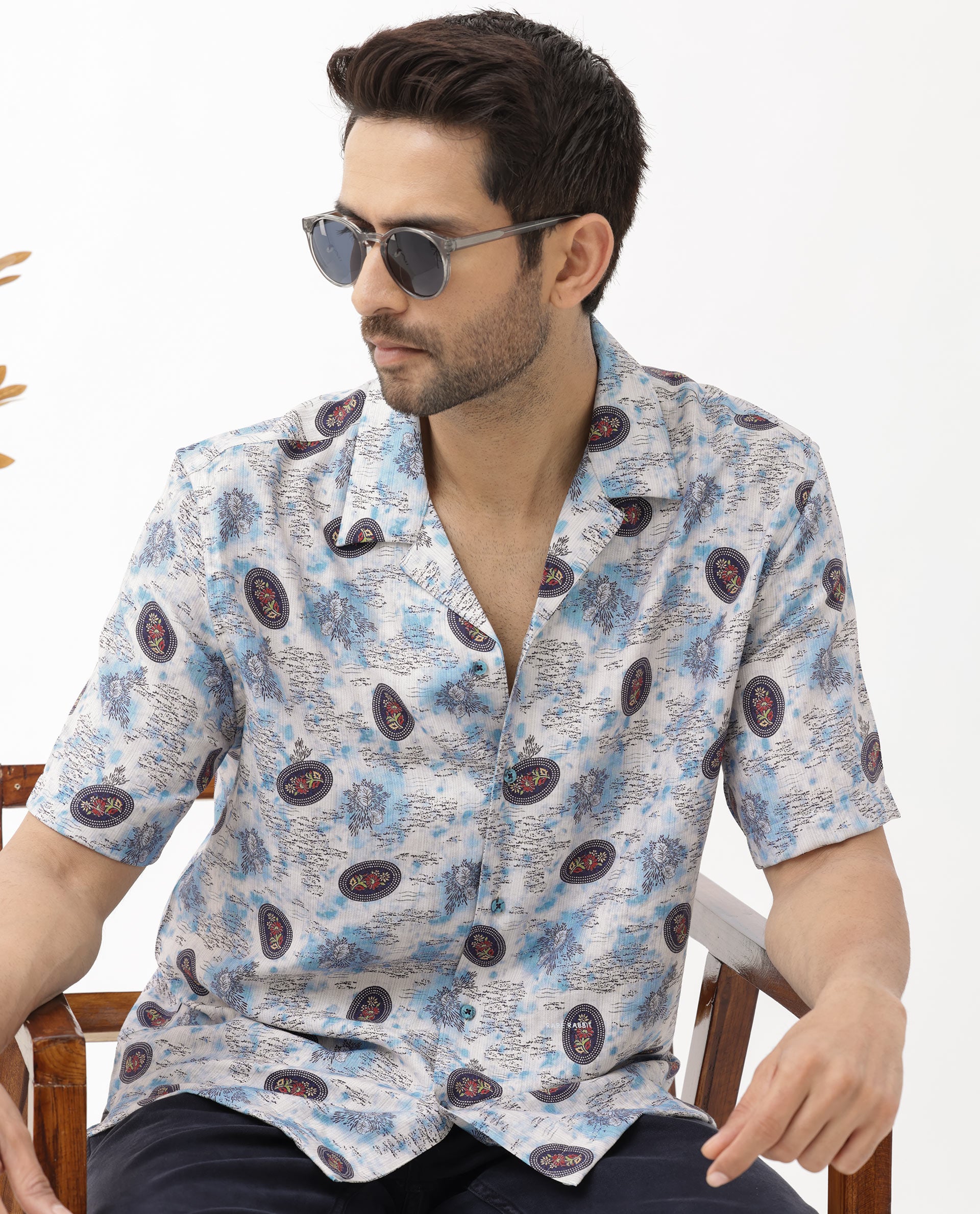 Rare Rabbit Mens Duskon Blue Short Sleeve Boxy Fit Abstract Print Shirt