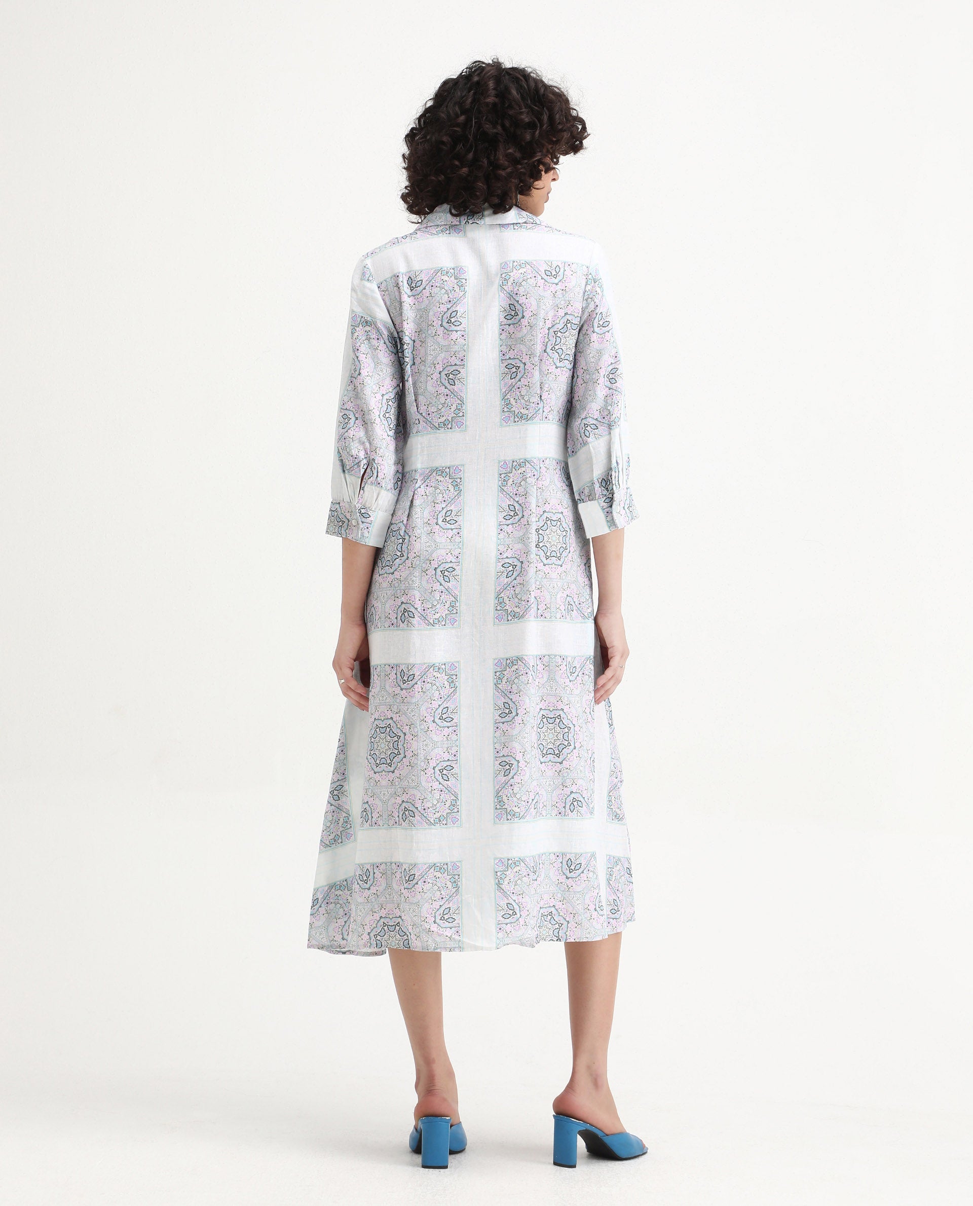 Rareism Women's Dusturn Multi Cotton Blend Drop Collar Bandana Print Cuffed Sleeve Maxi Fit And Flare Dress