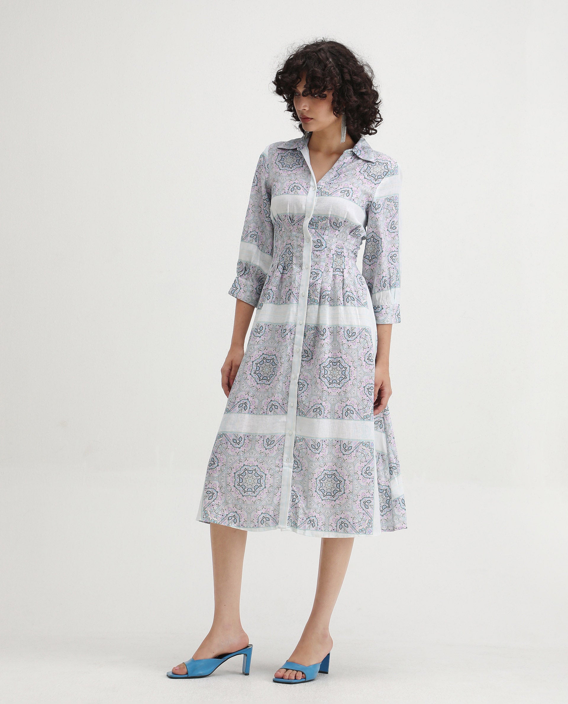 Rareism Women's Dusturn Multi Cotton Blend Drop Collar Bandana Print Cuffed Sleeve Maxi Fit And Flare Dress