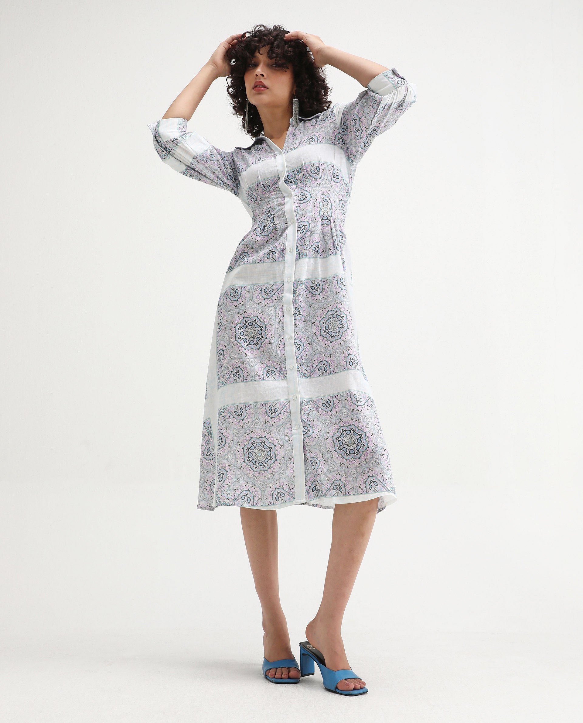 Rareism Women's Dusturn Multi Cotton Blend Drop Collar Bandana Print Cuffed Sleeve Maxi Fit And Flare Dress