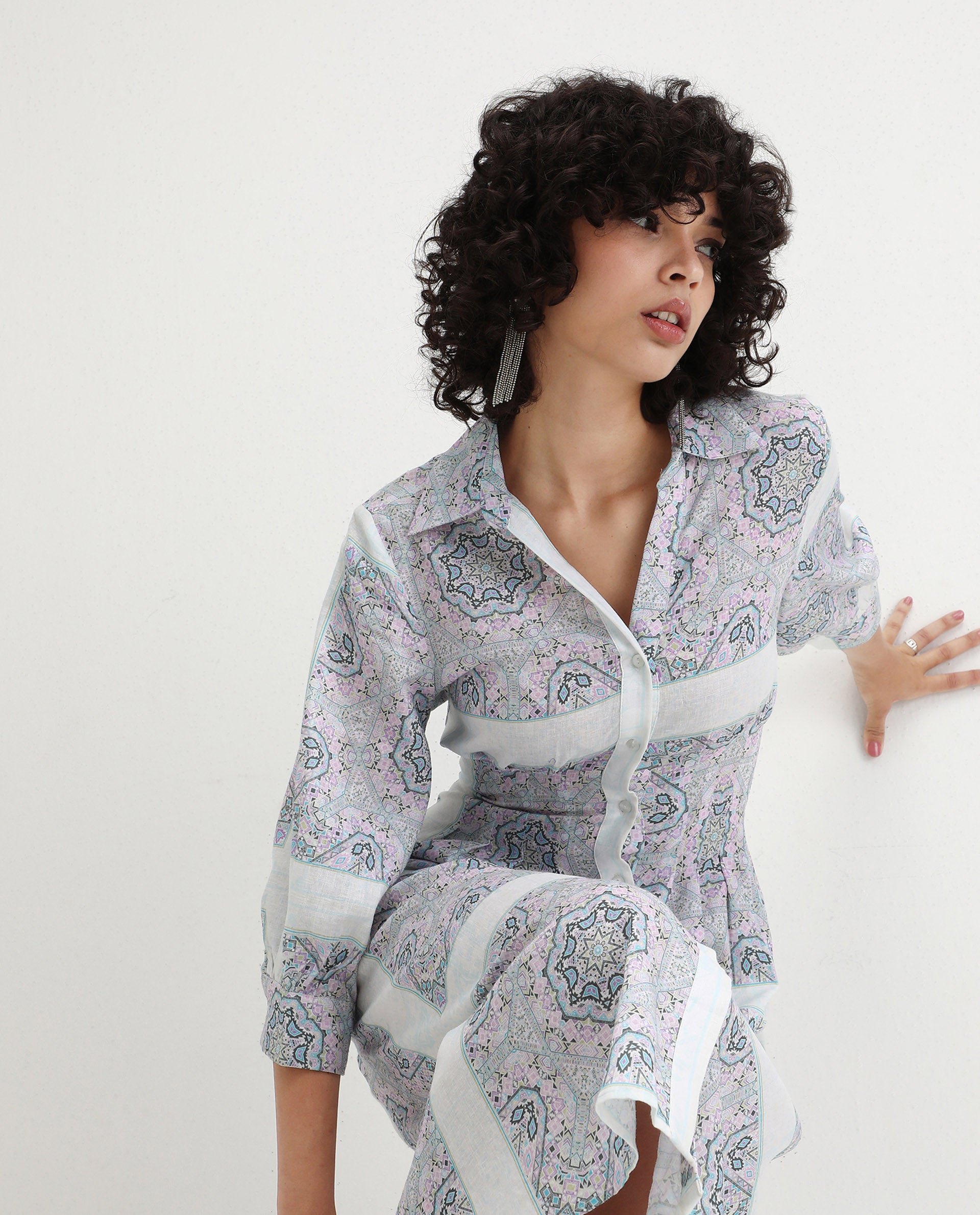 Rareism Women's Dusturn Multi Cotton Blend Drop Collar Bandana Print Cuffed Sleeve Maxi Fit And Flare Dress