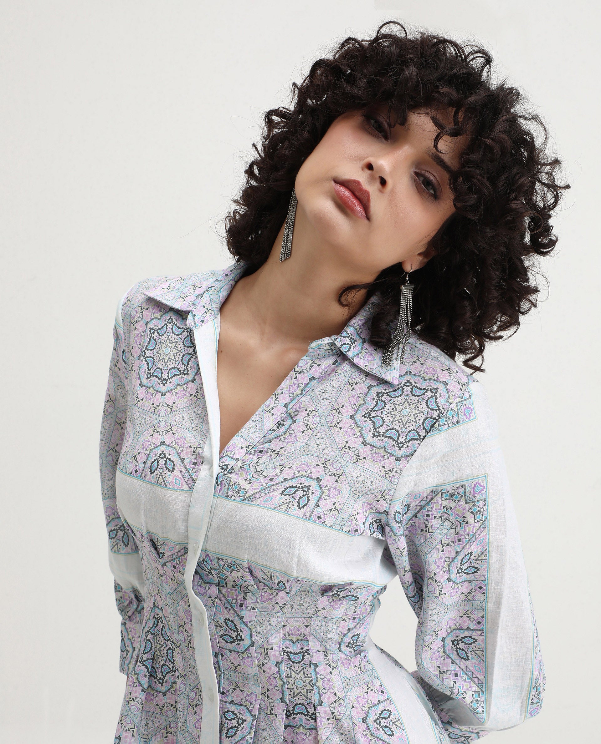 Rareism Women's Dusturn Multi Cotton Blend Drop Collar Bandana Print Cuffed Sleeve Maxi Fit And Flare Dress