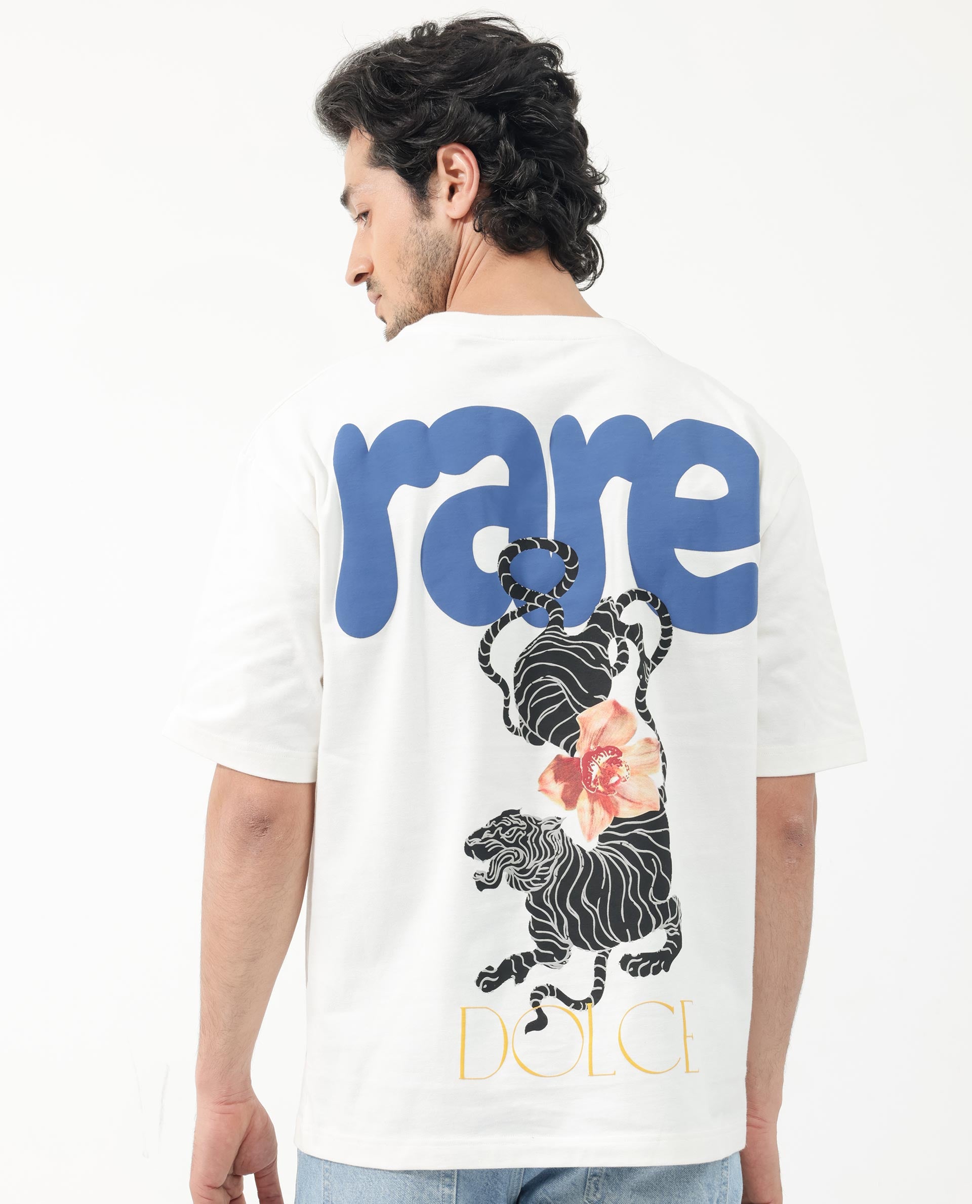 Rare Rabbit Articale Men's Cher Off White Cotton Fabric Crew Neck Oversized Fit Graphic Print T-Shirt