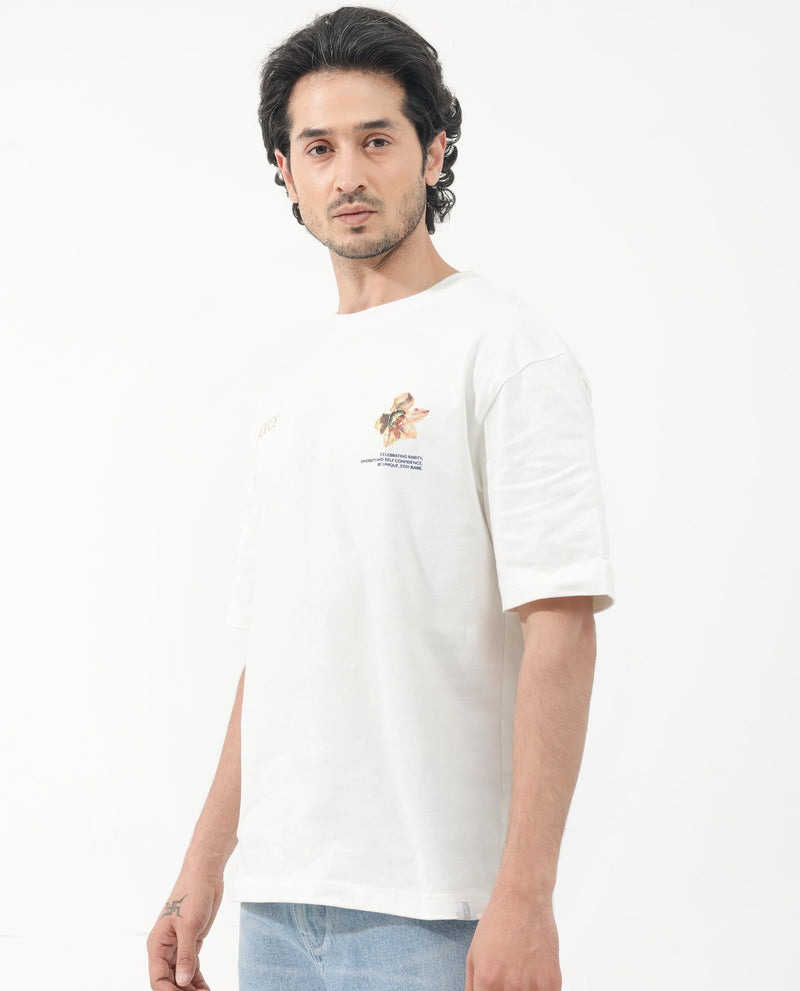 Rare Rabbit Articale Men's Cher Off White Cotton Fabric Crew Neck Oversized Fit Graphic Print T-Shirt