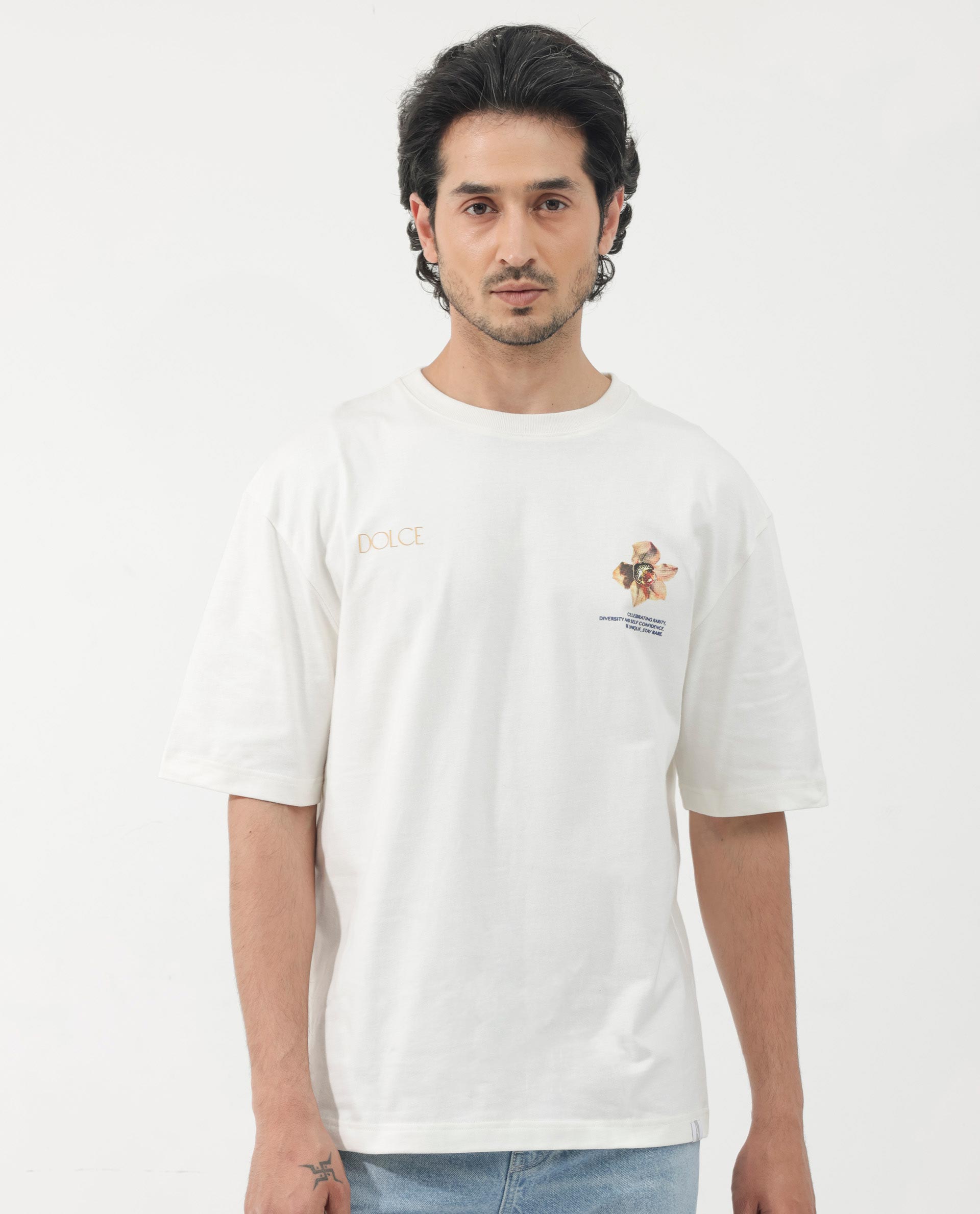 Rare Rabbit Articale Men's Cher Off White Cotton Fabric Crew Neck Oversized Fit Graphic Print T-Shirt