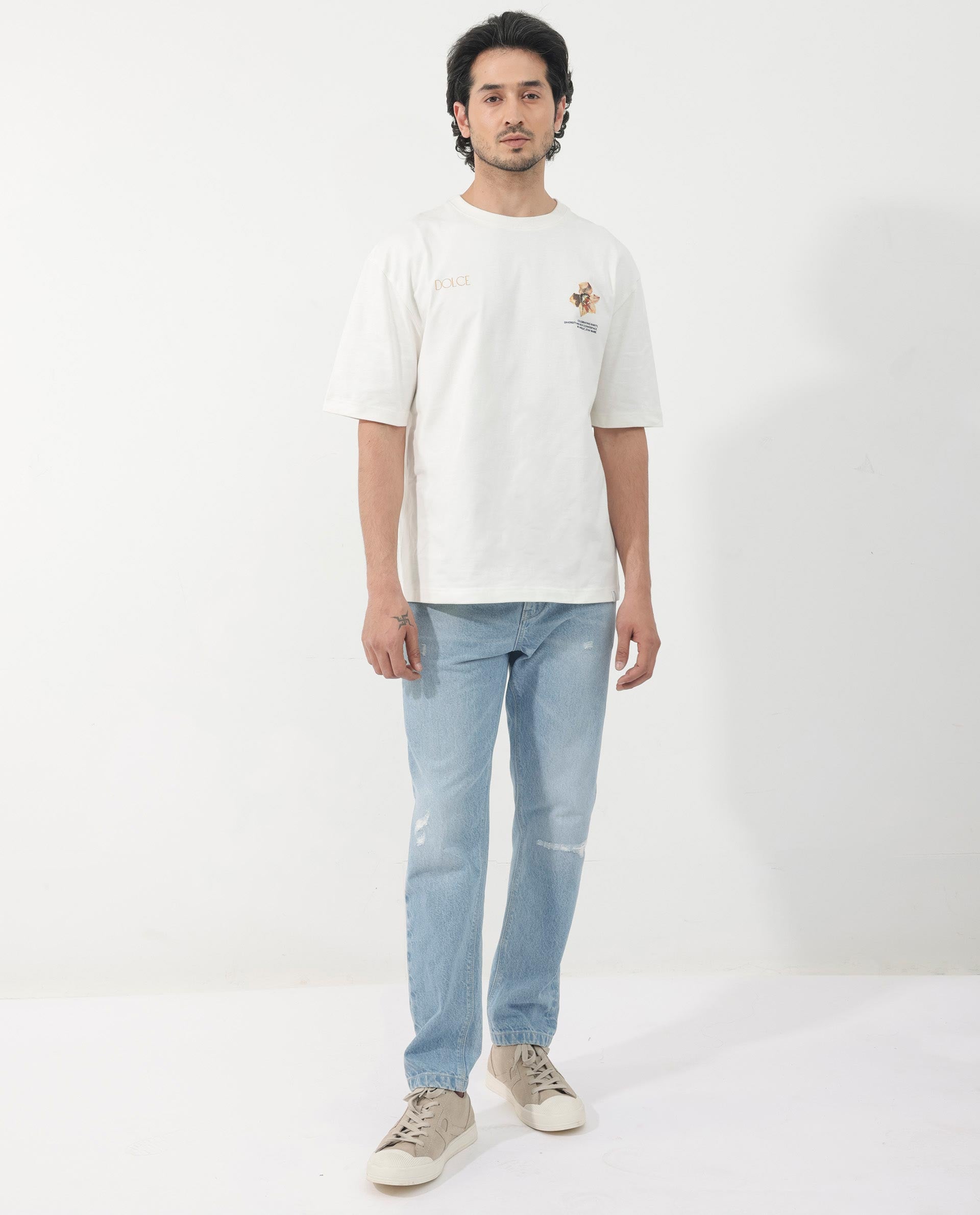 Rare Rabbit Articale Men's Cher Off White Cotton Fabric Crew Neck Oversized Fit Graphic Print T-Shirt