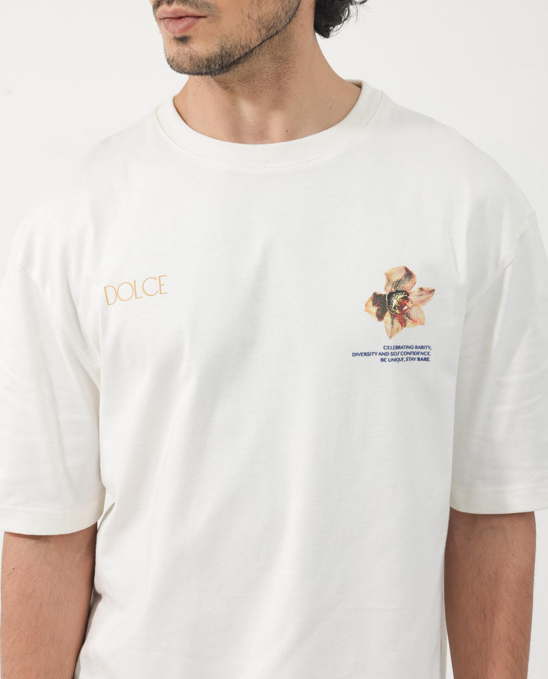 Rare Rabbit Articale Men's Cher Off White Cotton Fabric Crew Neck Oversized Fit Graphic Print T-Shirt