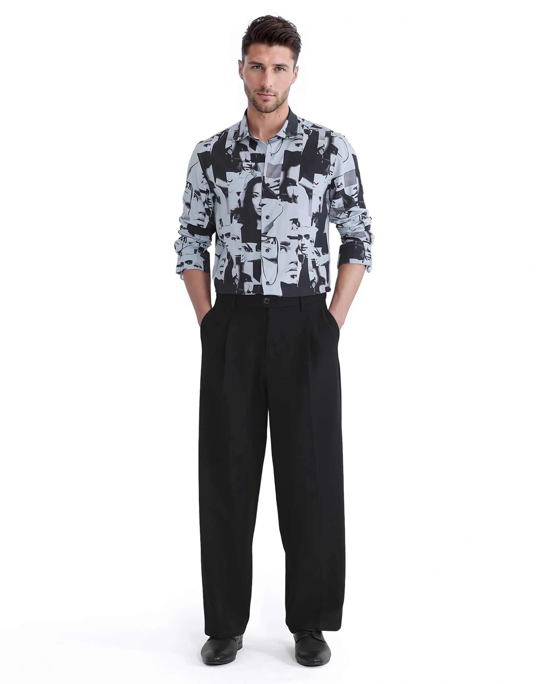 Rare Rabbit Men's Duval LS Grey Viscose Fabric Full Sleeves Regular Fit Abstract Print Shirt