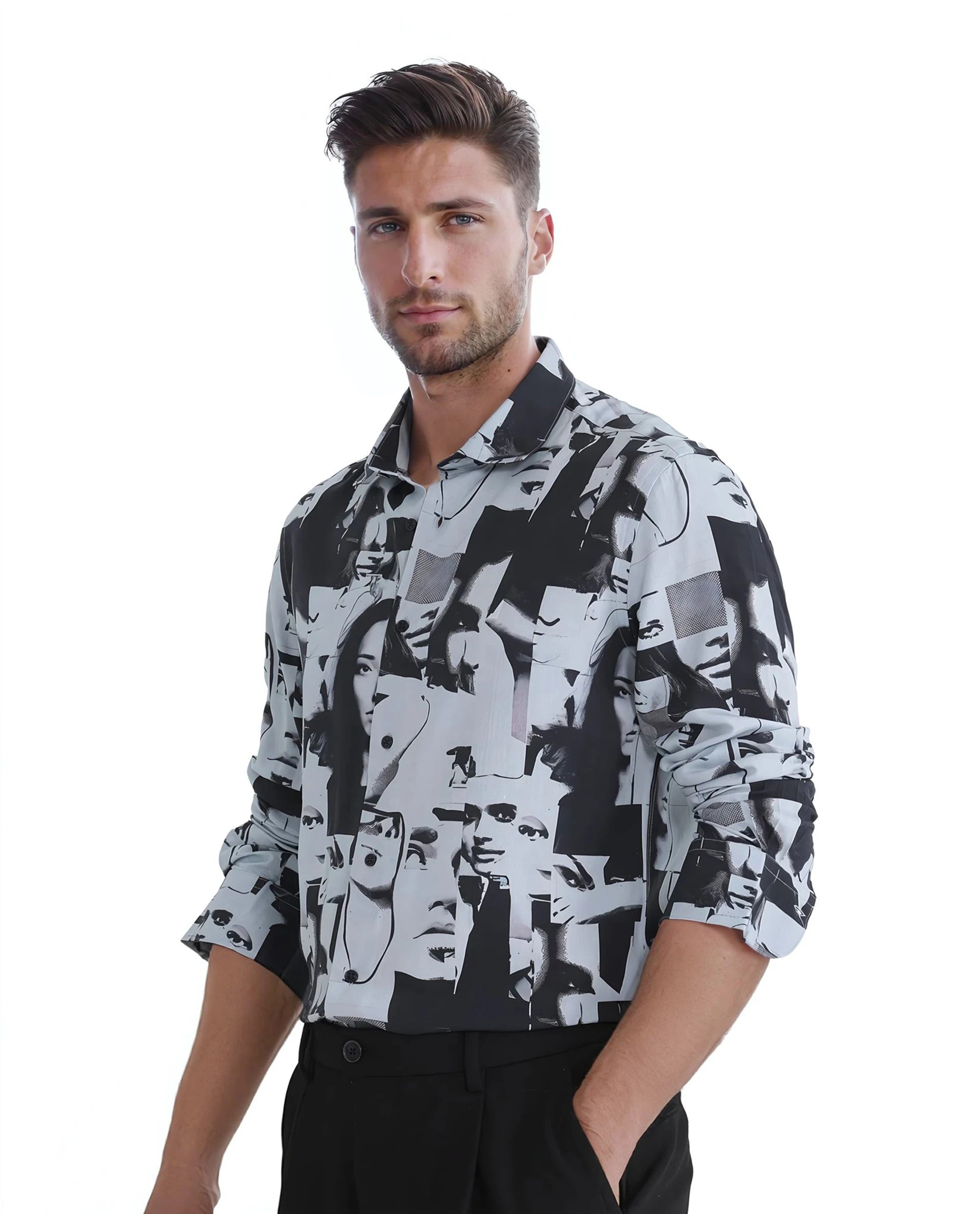 Rare Rabbit Men's Duval LS Grey Viscose Fabric Full Sleeves Regular Fit Abstract Print Shirt